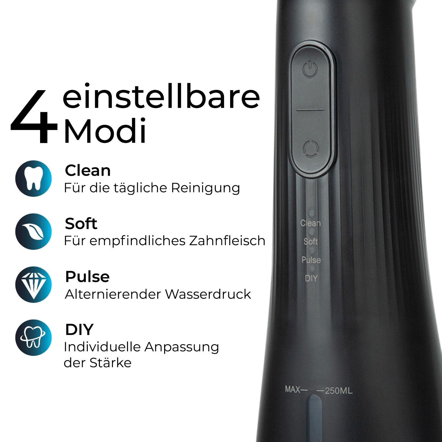 Schwarzes Gerät mit vier Modi zur Zahnreinigung, mit Symbolen und Textbeschreibungen.