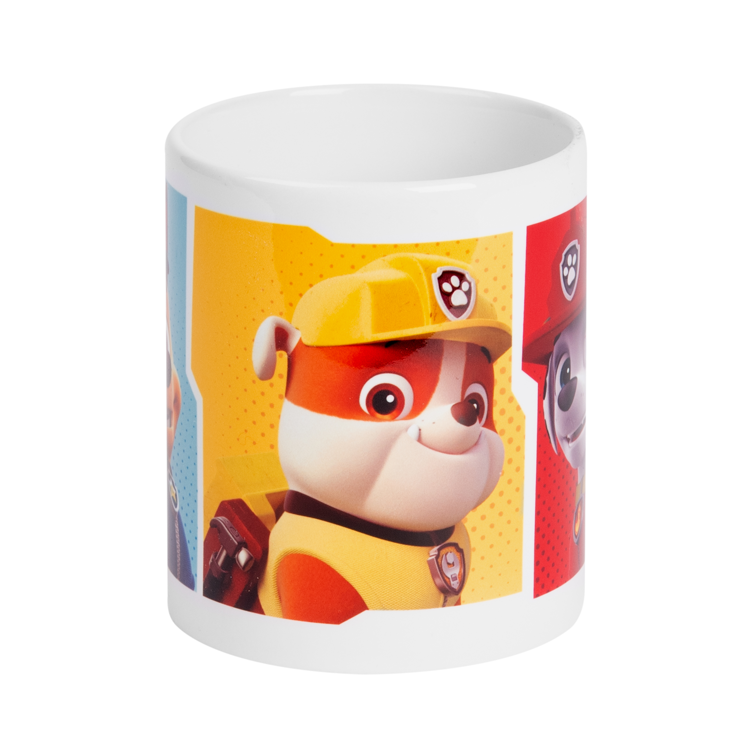 Becher mit Paw Patrol-Charakteren. Weißer Hintergrund und Henkel. Gelbe, rote und blaue Farben sind sichtbar.