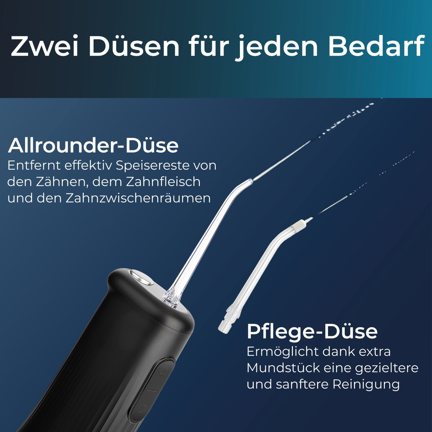 Nahaufnahme eines schwarzen Mundspülgeräts mit zwei verschiedenen Düsen. Text beschreibt die Düsen.