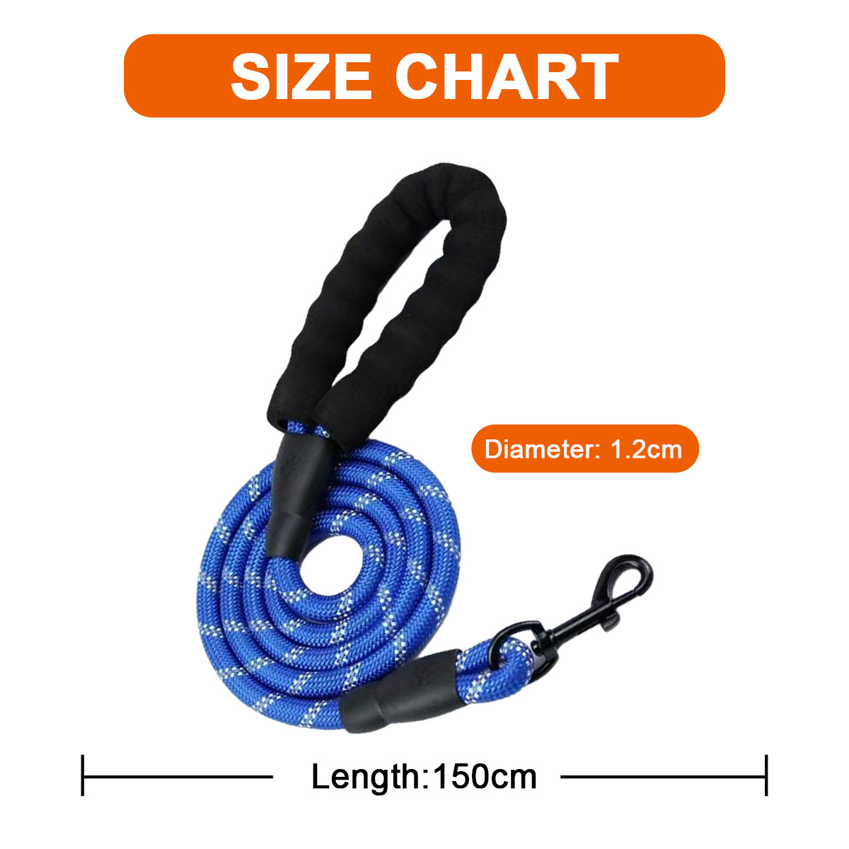 Blaue Hundeleine mit schwarzem Griff und Verschluss. Text zeigt Länge und Durchmesser an.