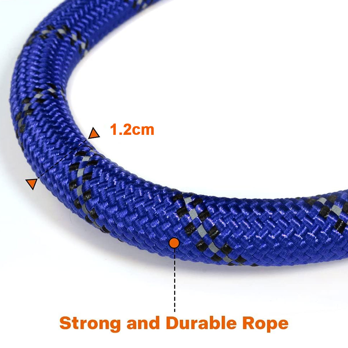Nahaufnahme eines blau-schwarzen Seils, markiert mit einem 1,2 cm Maß und Text: Starkes und haltbares Seil.