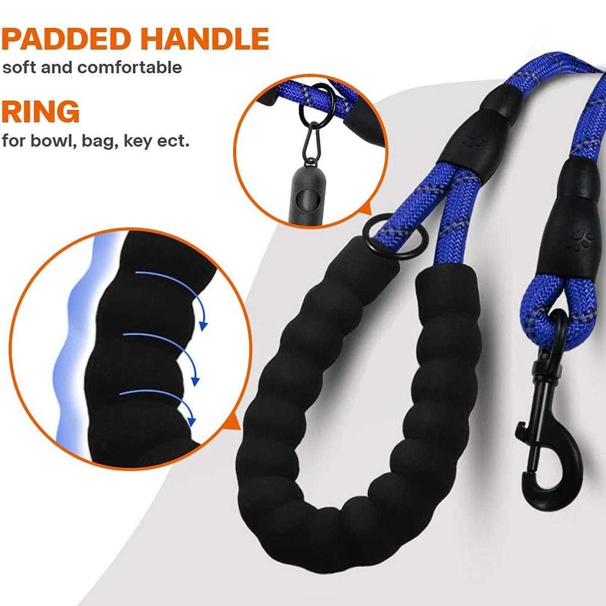 Hundeleine, blau geflochtenes Seil mit schwarzem Griff und Hardware. Text: PADDED HANDLE und RING.