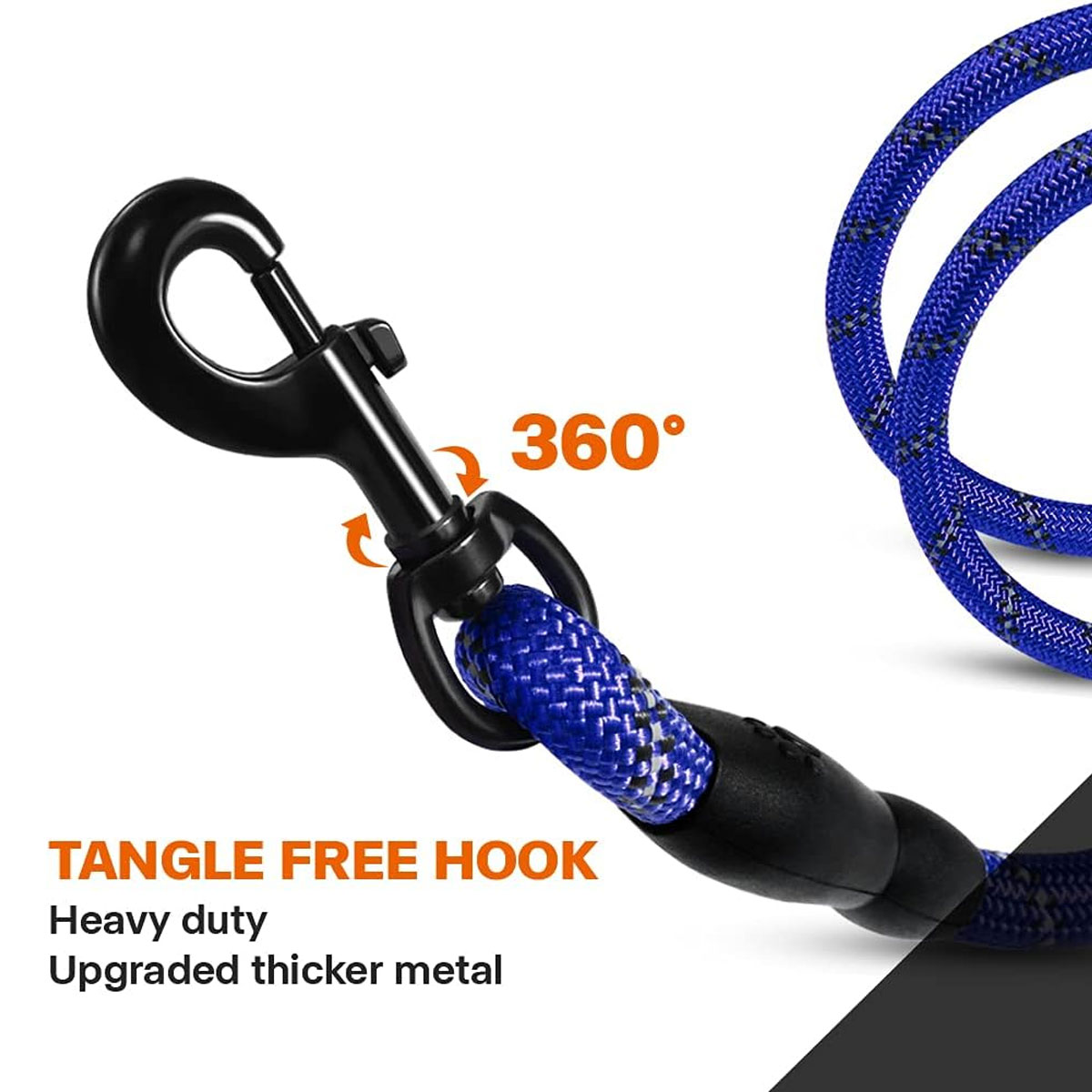 Blau-schwarze Hundeleine mit schwarzem Clip und dem Text 'Tangle Free Hook'.