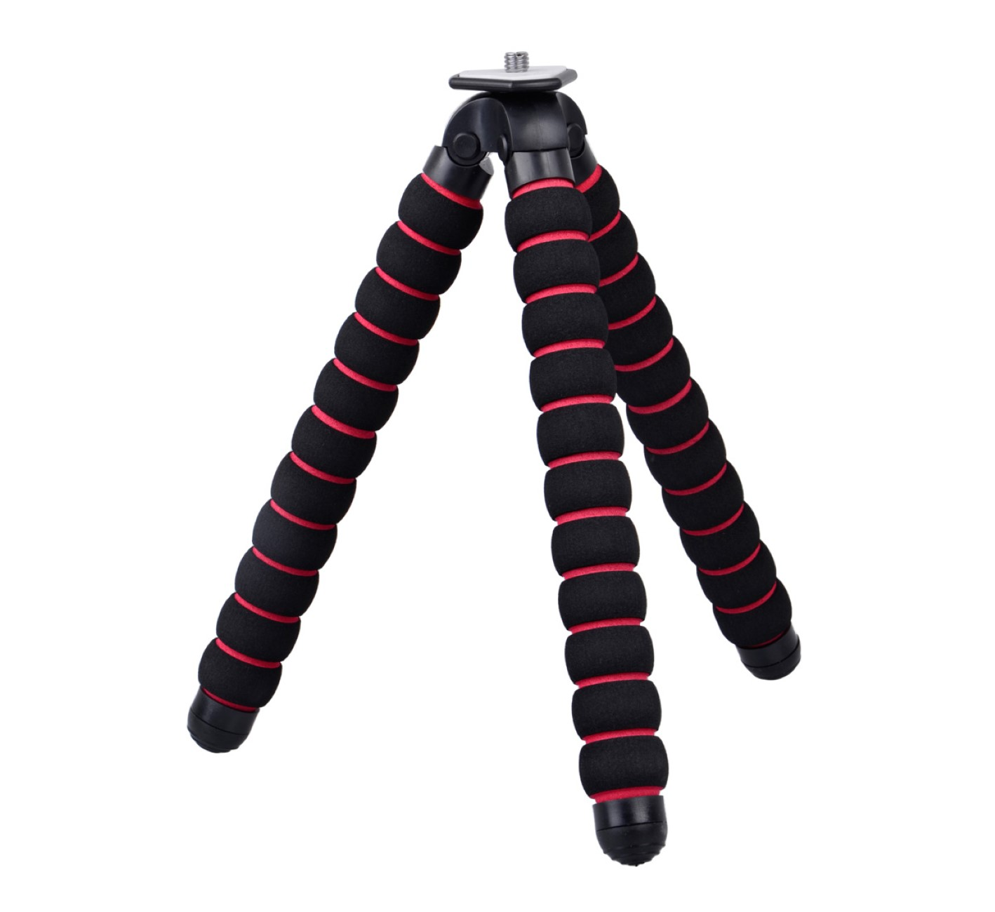 Ein flexibles Stativ mit roter und schwarzer Schaumstoffpolsterung an den Beinen. Die Beine sind verstellbar und biegbar.