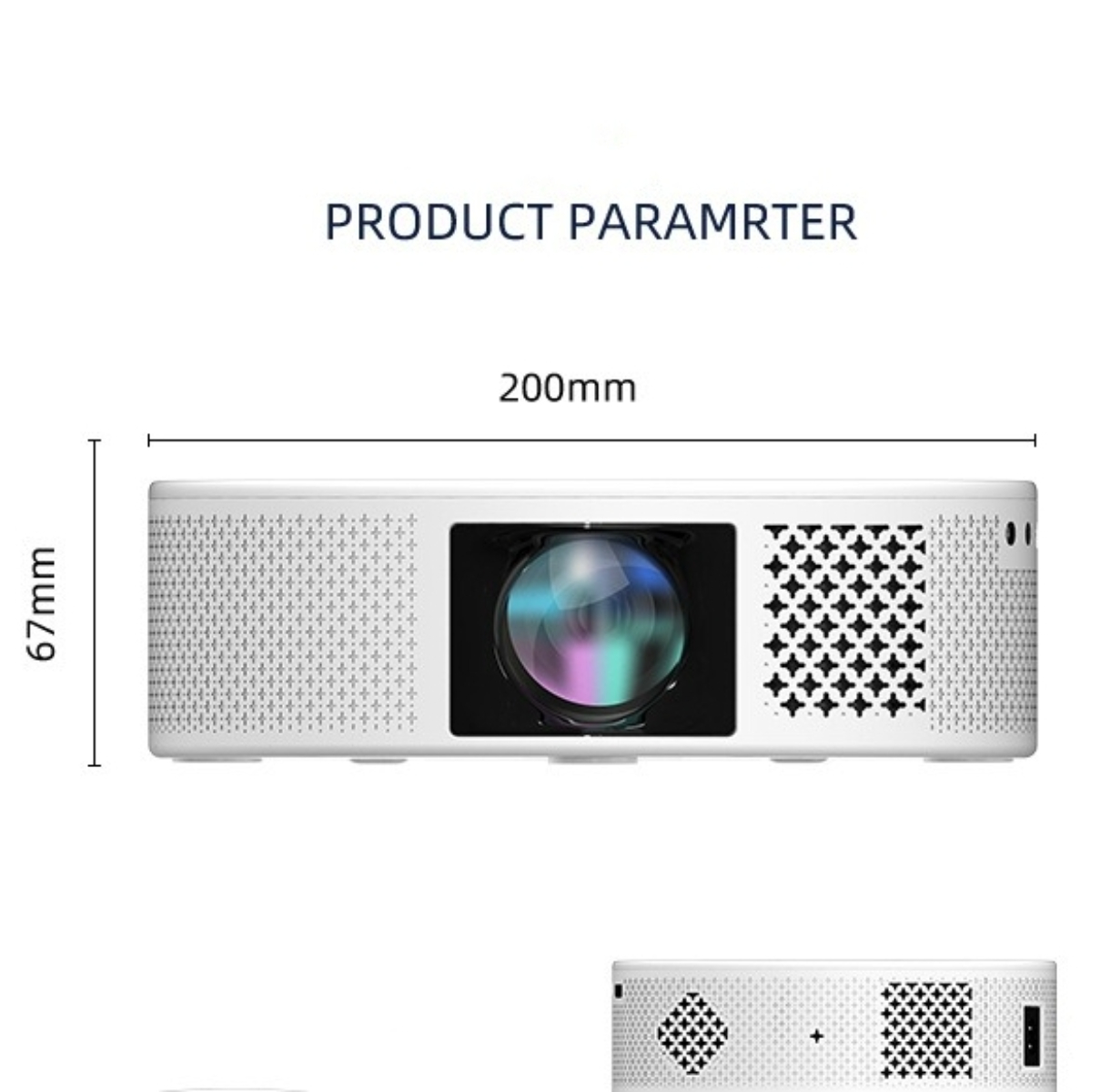 Ein weißer Projektor mit Text darüber. Der Text lautet 'PRODUCT PARAMETER' und Messungen werden angezeigt.