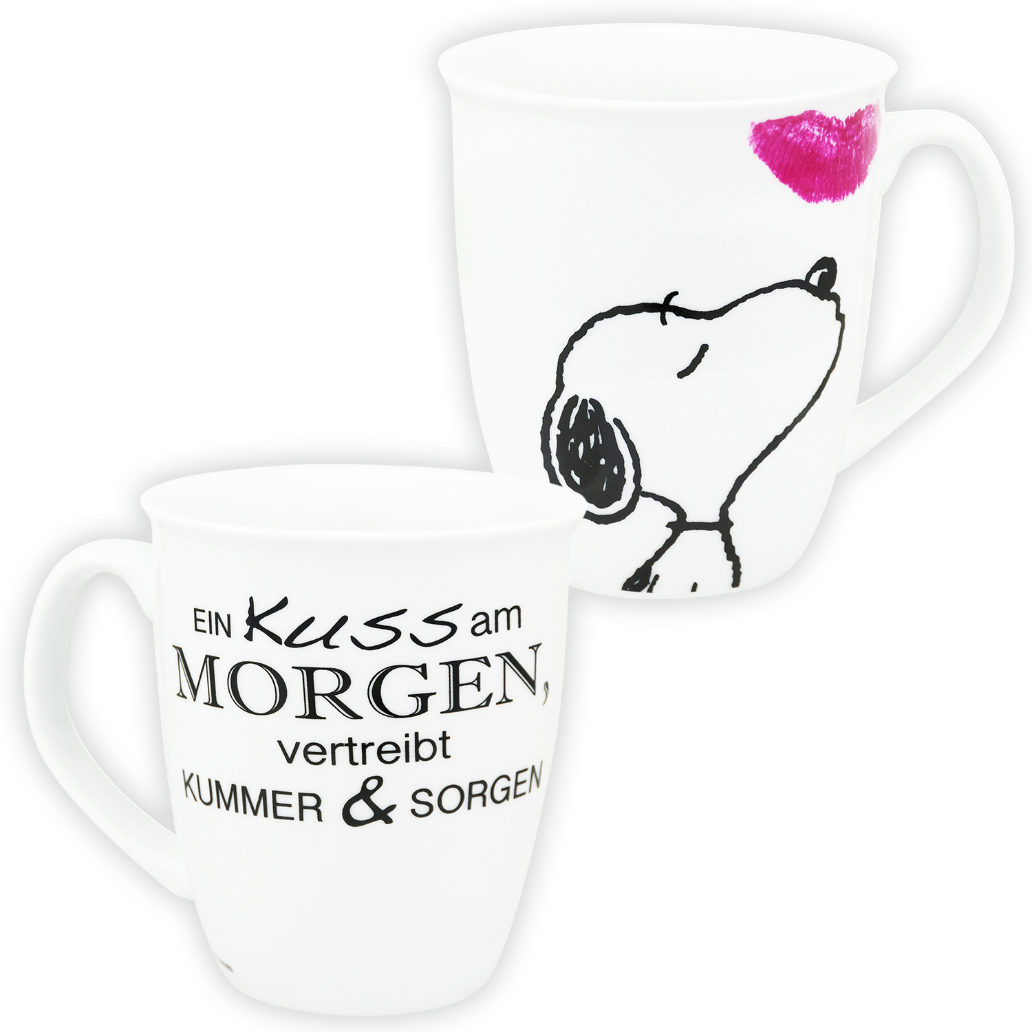 Zwei weiße Tassen mit Snoopy und Text. Eine hat einen Kuss.