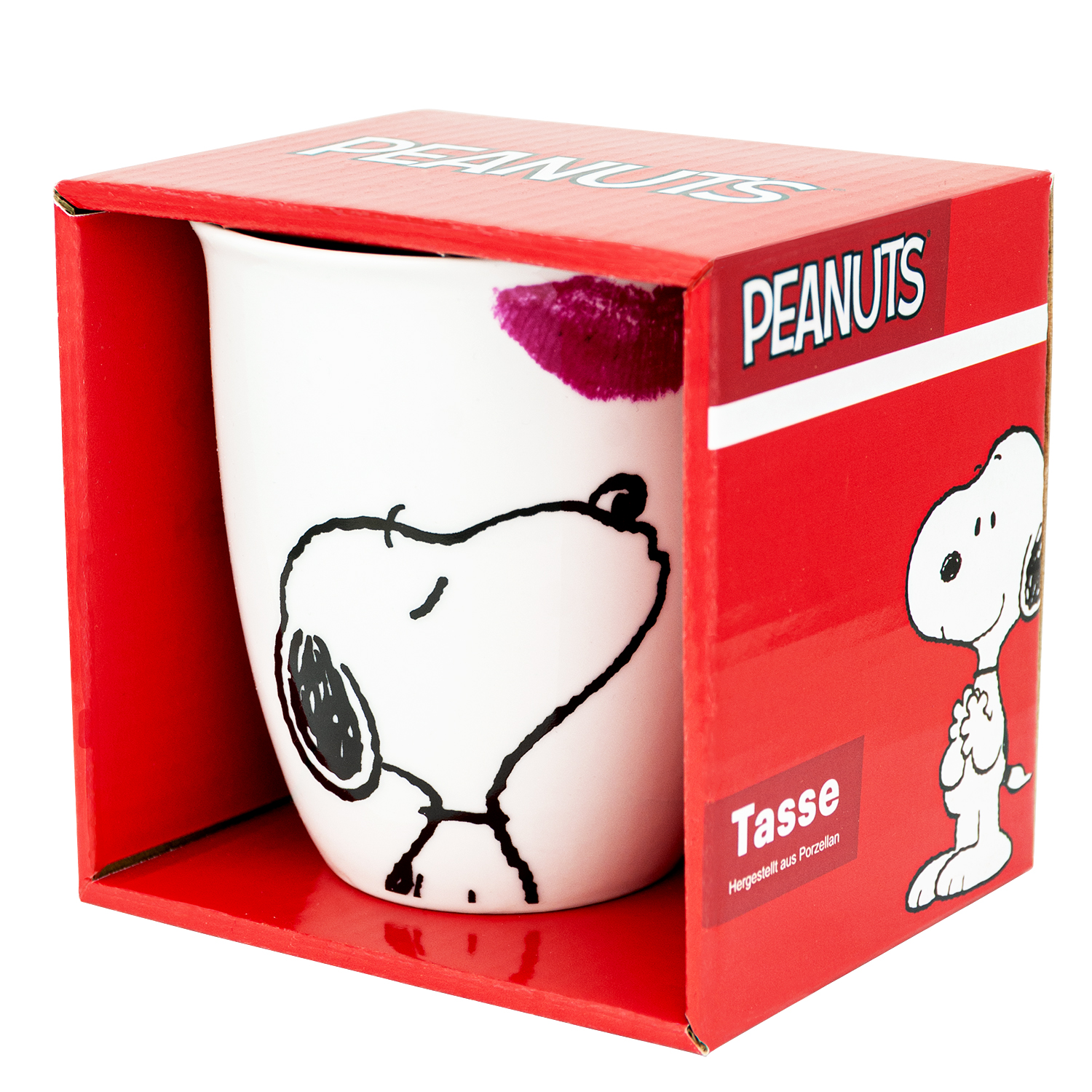 Weiße Tasse mit Snoopy, in einer roten Box mit Peanuts-Branding.