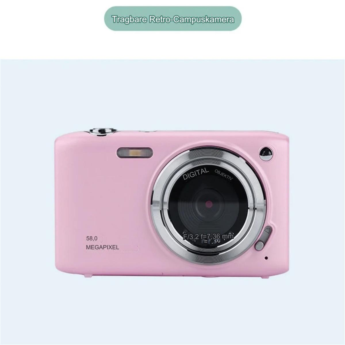 Rosa Retro-Kamera mit Objektiv, beschriftet mit 'DIGITAL' und '58.0 MEGAPIXEL'.