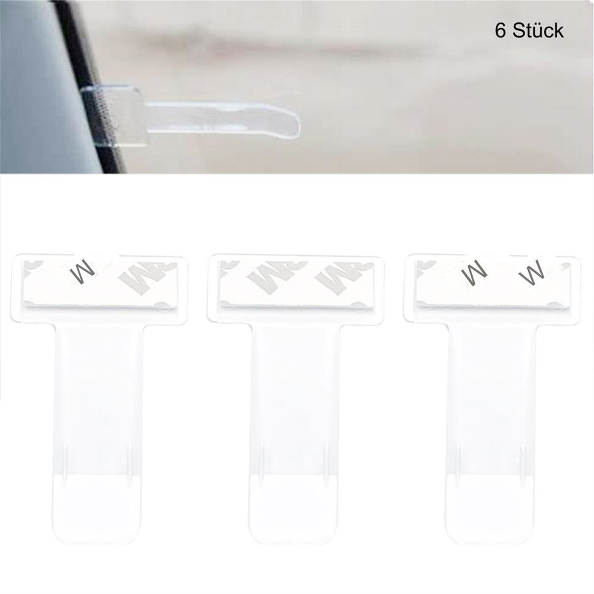 Drei transparente Klebeclips mit weißem Aufkleber mit der Bezeichnung 'M' und 'W'.