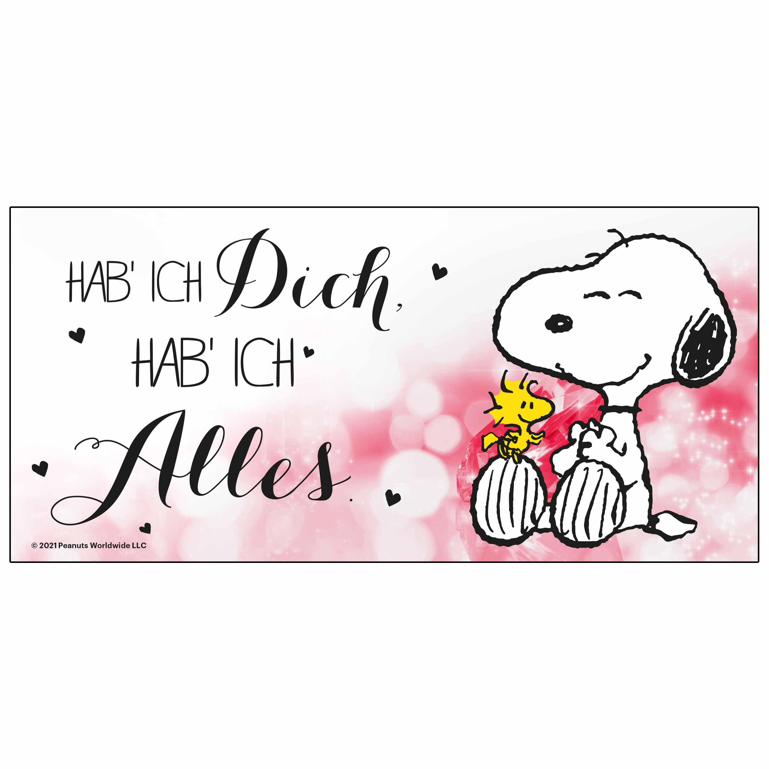 Snoopy und Woodstock umarmen sich vor pinkem Hintergrund mit einer Botschaft in schwarzer Schrift.