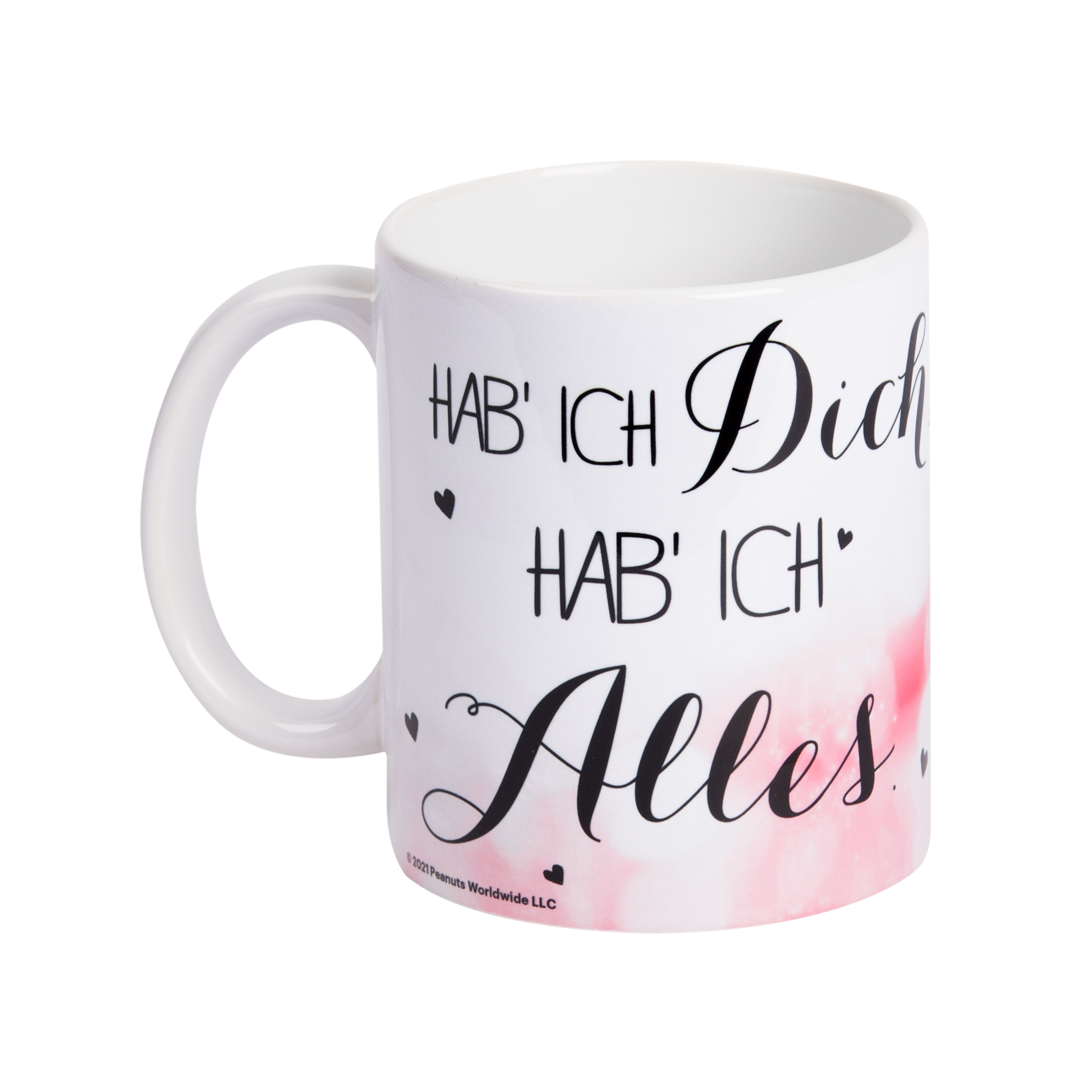 Weißer Becher mit schwarzem Schreibschrifttext und kleinen Herzen.