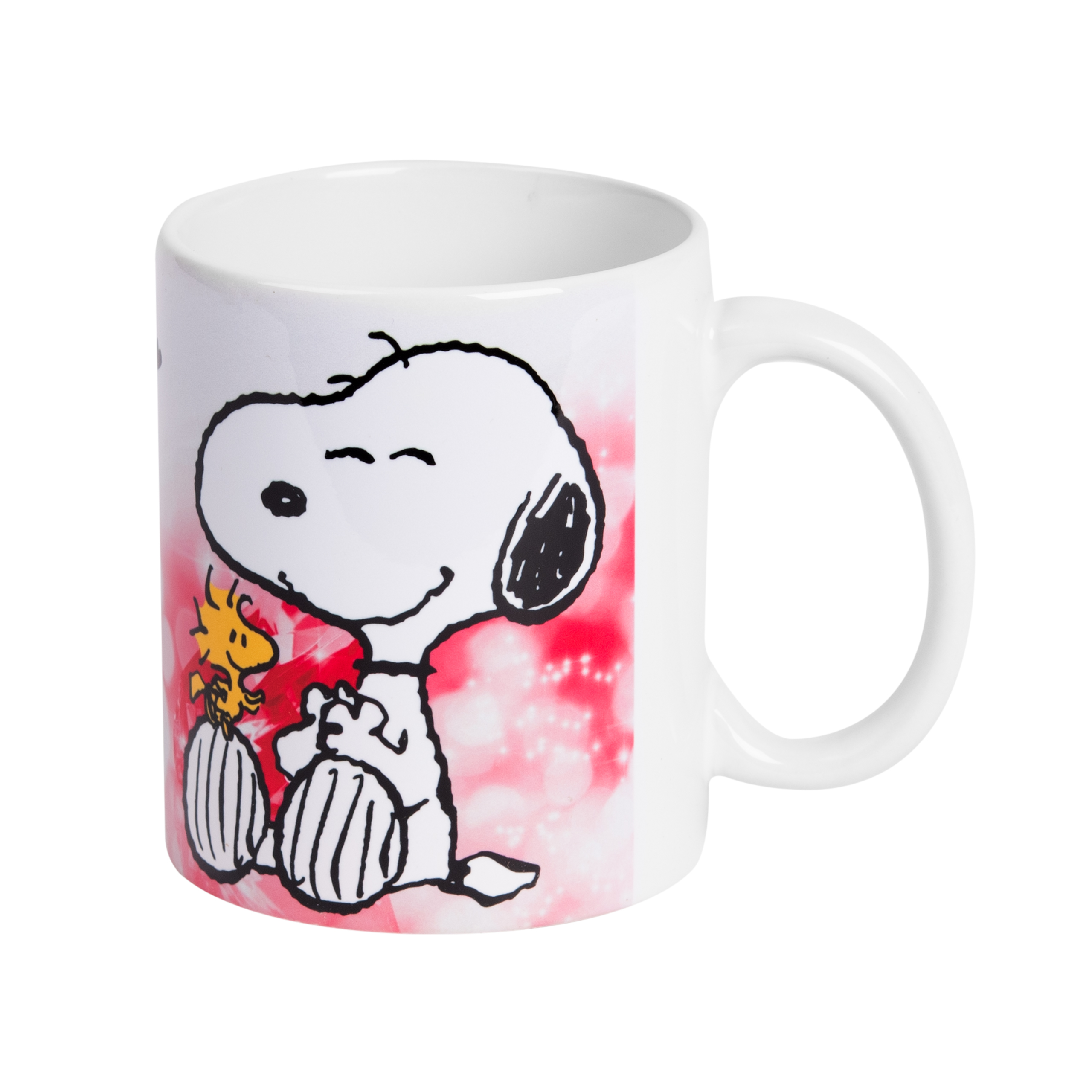 Snoopy-Tasse mit Snoopy und Woodstock darauf.