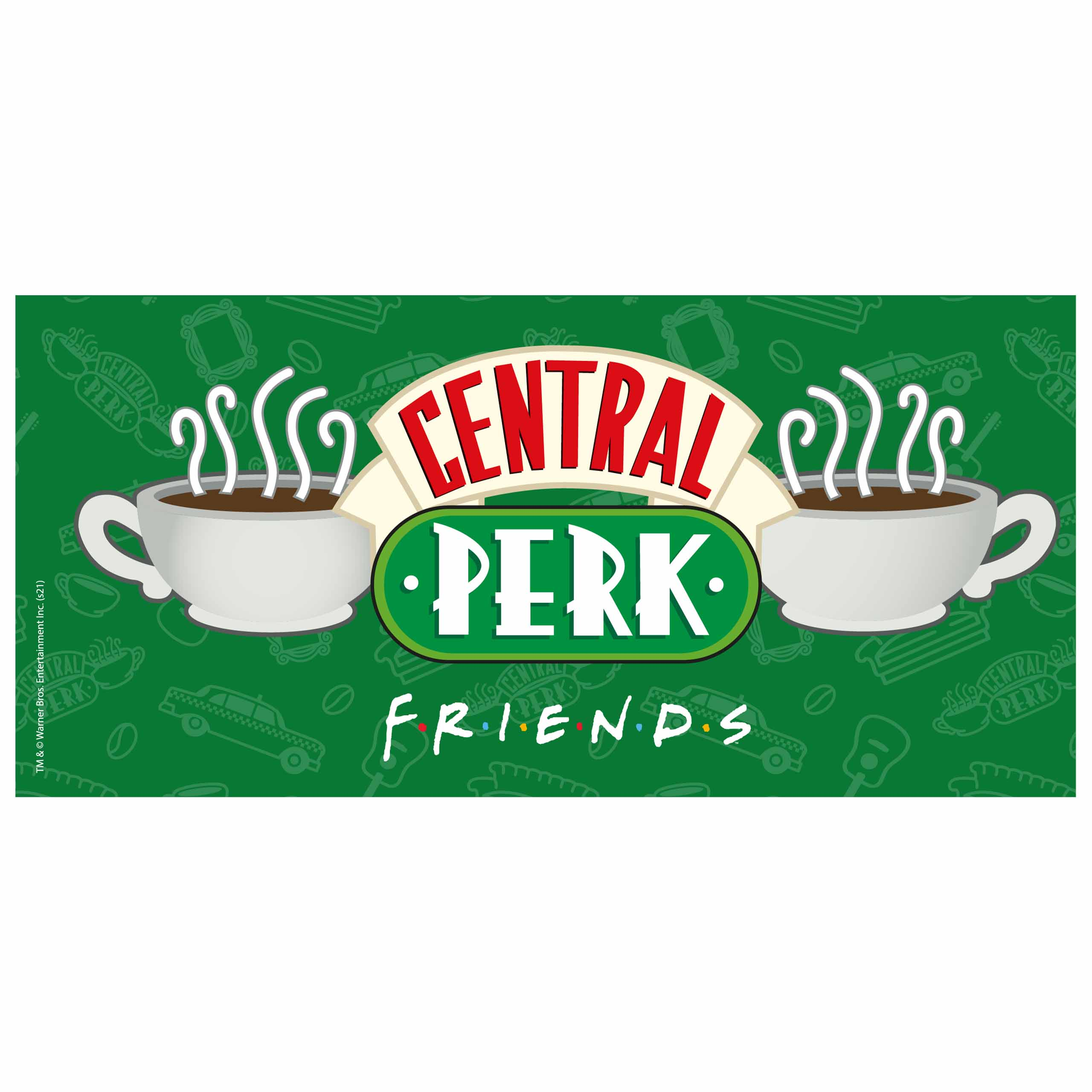 Logo des Cafés 'Central Perk' aus der TV-Serie Friends, mit Kaffeetassen und Dampf.