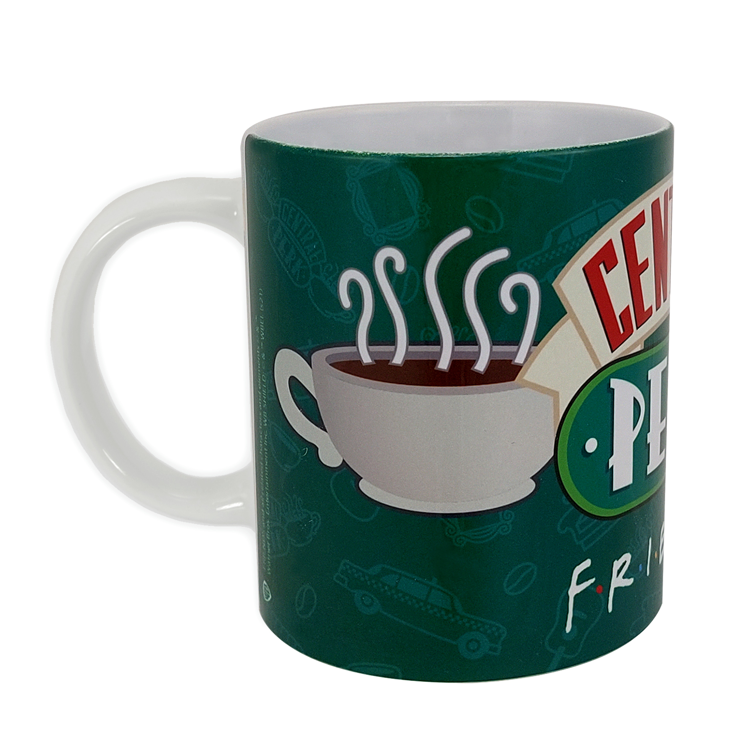 Eine Tasse mit dem Central Perk Logo und einer dampfenden Kaffeetasse auf grünem Hintergrund.