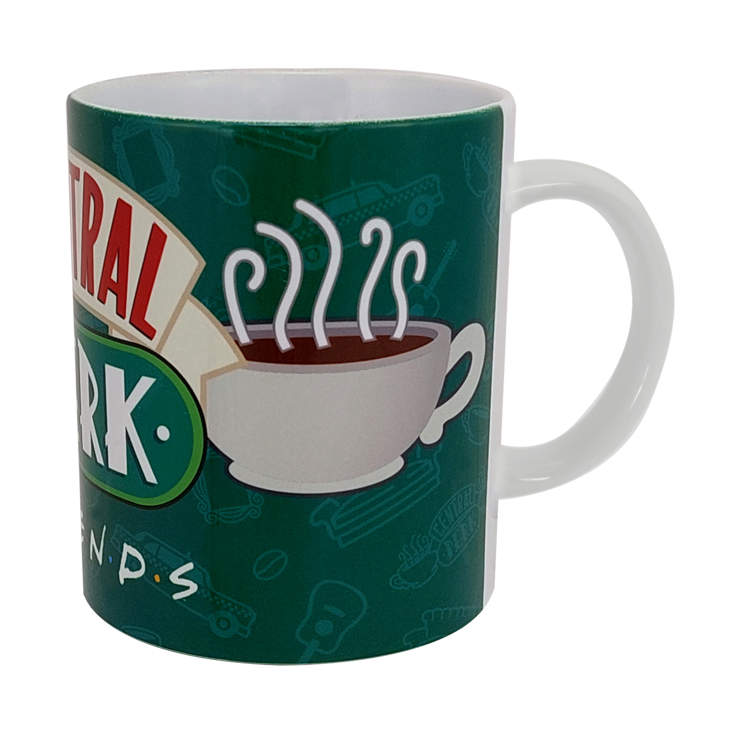 Eine weiße Tasse mit grünem Hintergrund, die das Central Perk-Logo und eine Kaffeetasse mit Dampf zeigt.
