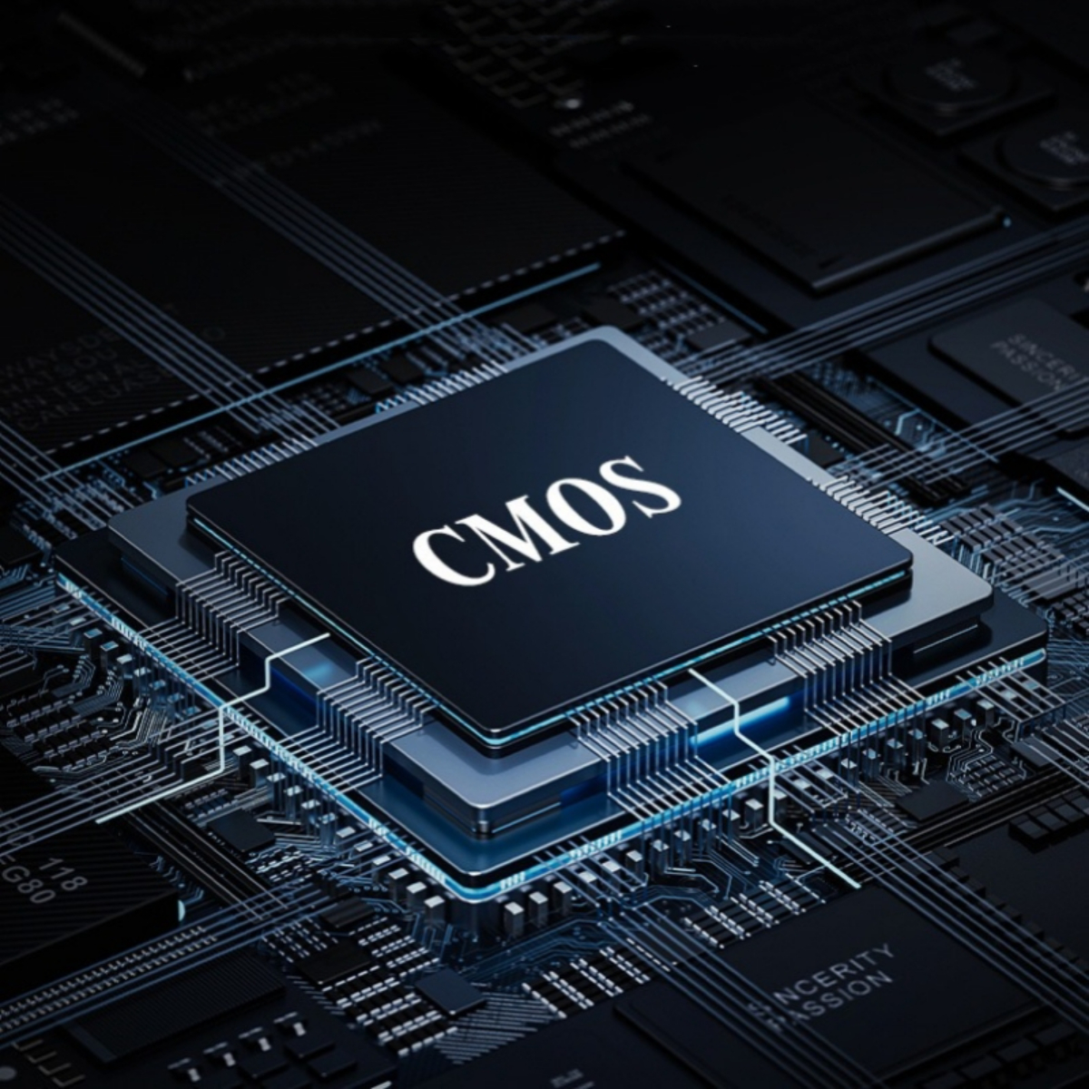 Nahaufnahme eines Computerchips mit dem Text CMOS.
