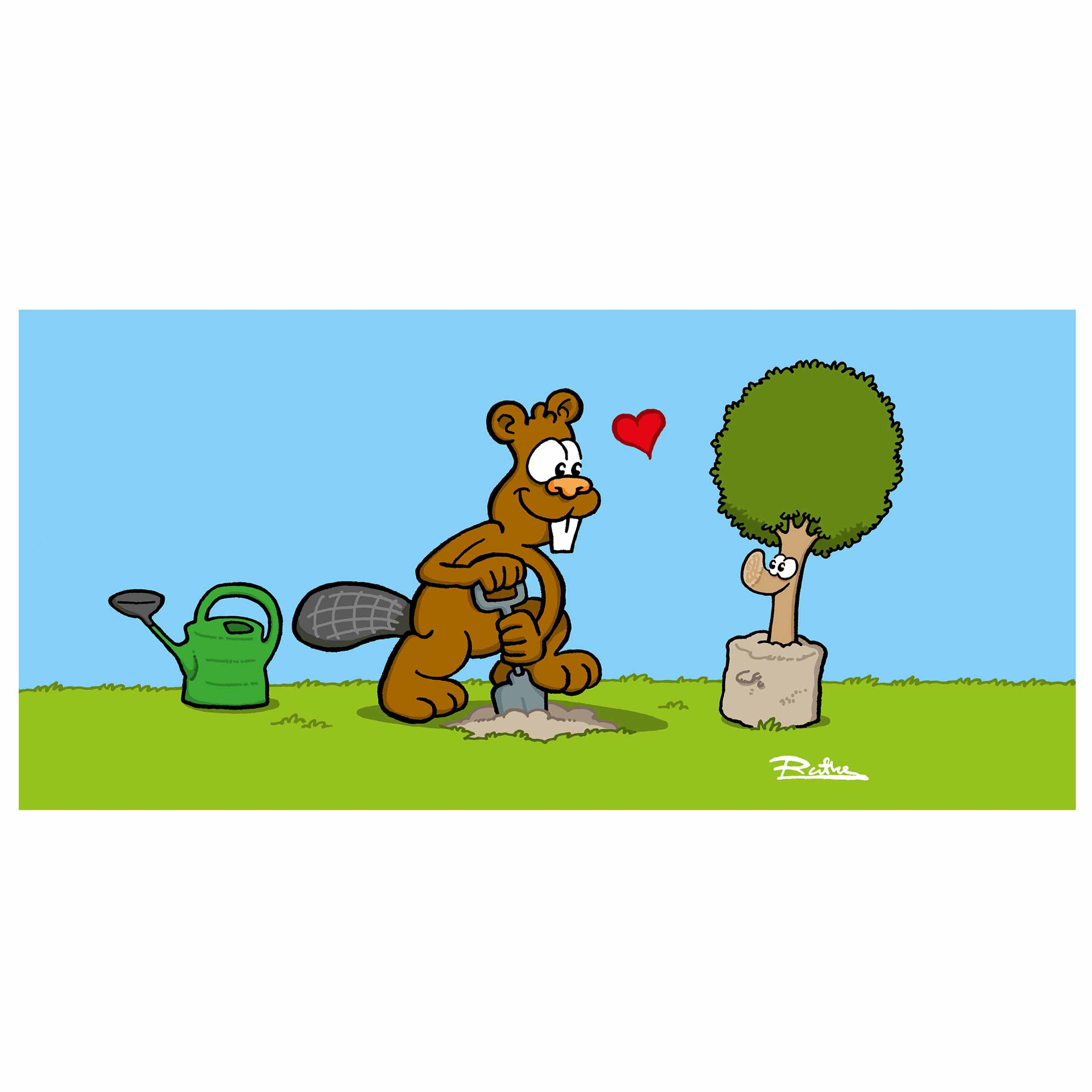 Cartoon Biber, der in der Nähe eines Baumes gräbt, mit einer Gießkanne, blauer Himmel.