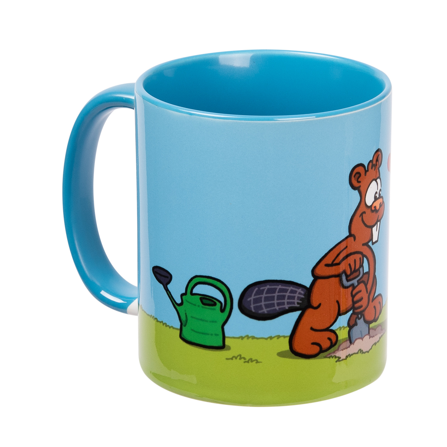 Tasse mit einem Cartoon-Biber, der im Garten gräbt, mit einer Gießkanne.