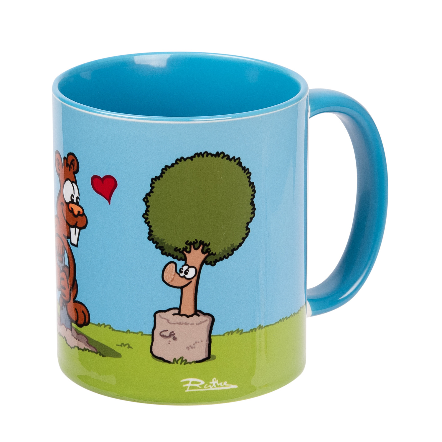 Tasse mit Cartoon-Eichhörnchen und Baum. Blauer Rand und Griff. Grün-blauer Hintergrund.