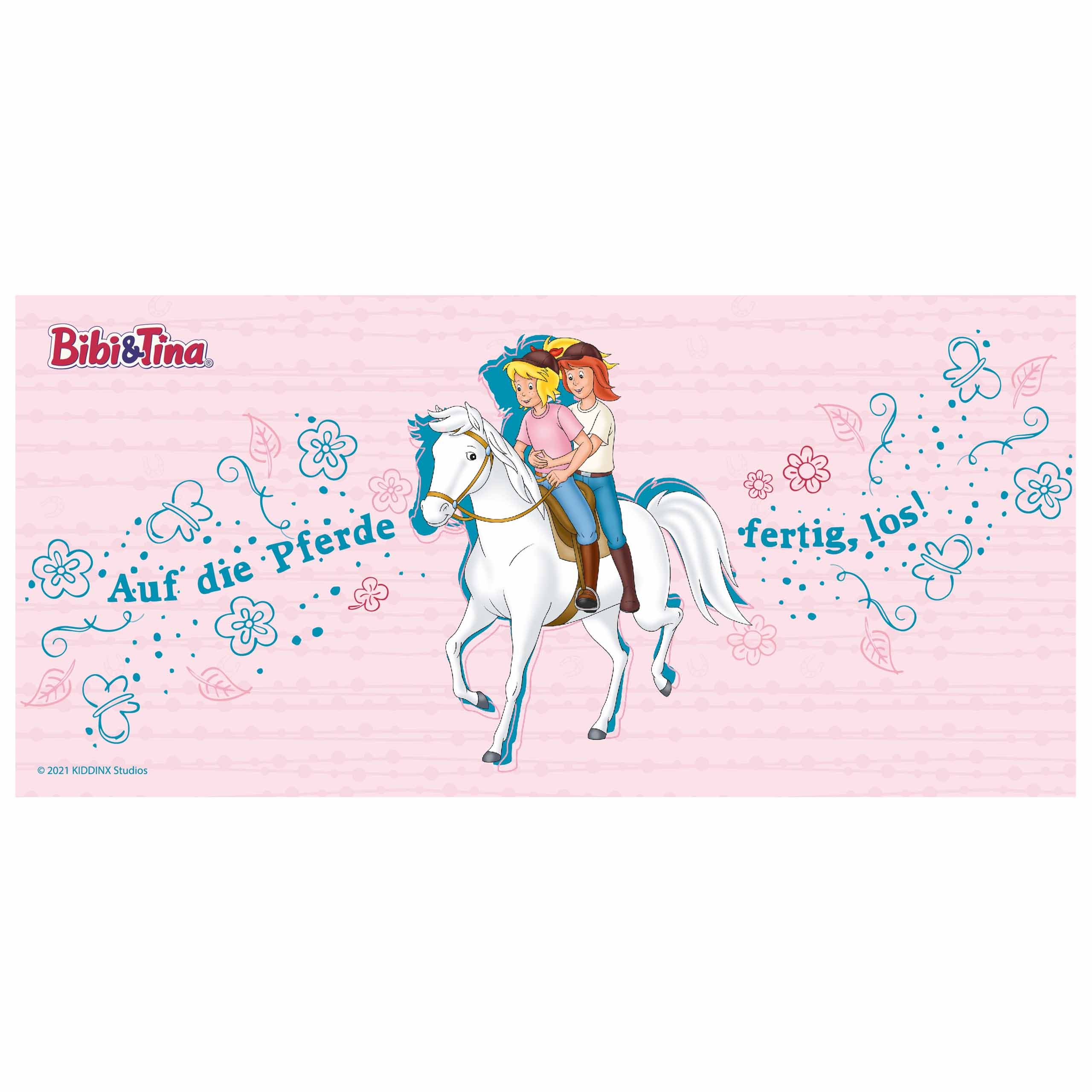 Ein Banner mit Bibi und Tina auf einem weißen Pferd. Rosa Hintergrund mit Blumen und Text auf Deutsch.