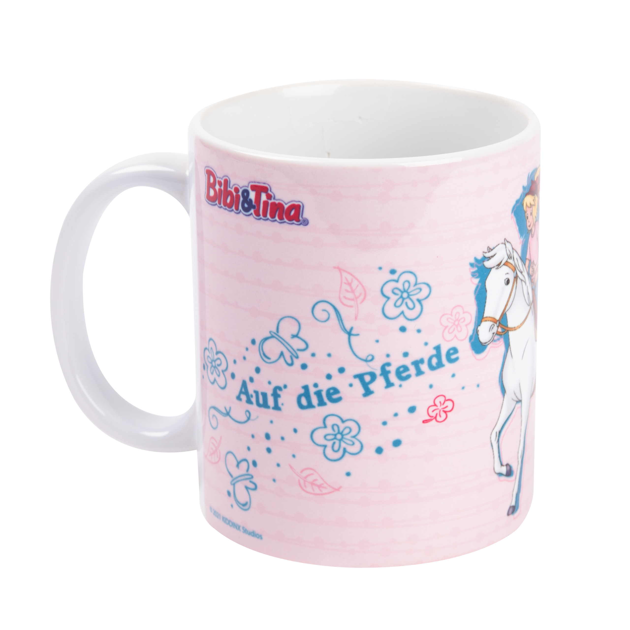 Rosa Tasse mit Cartoon-Pferd und Mädchen. Text: Auf die Pferde.