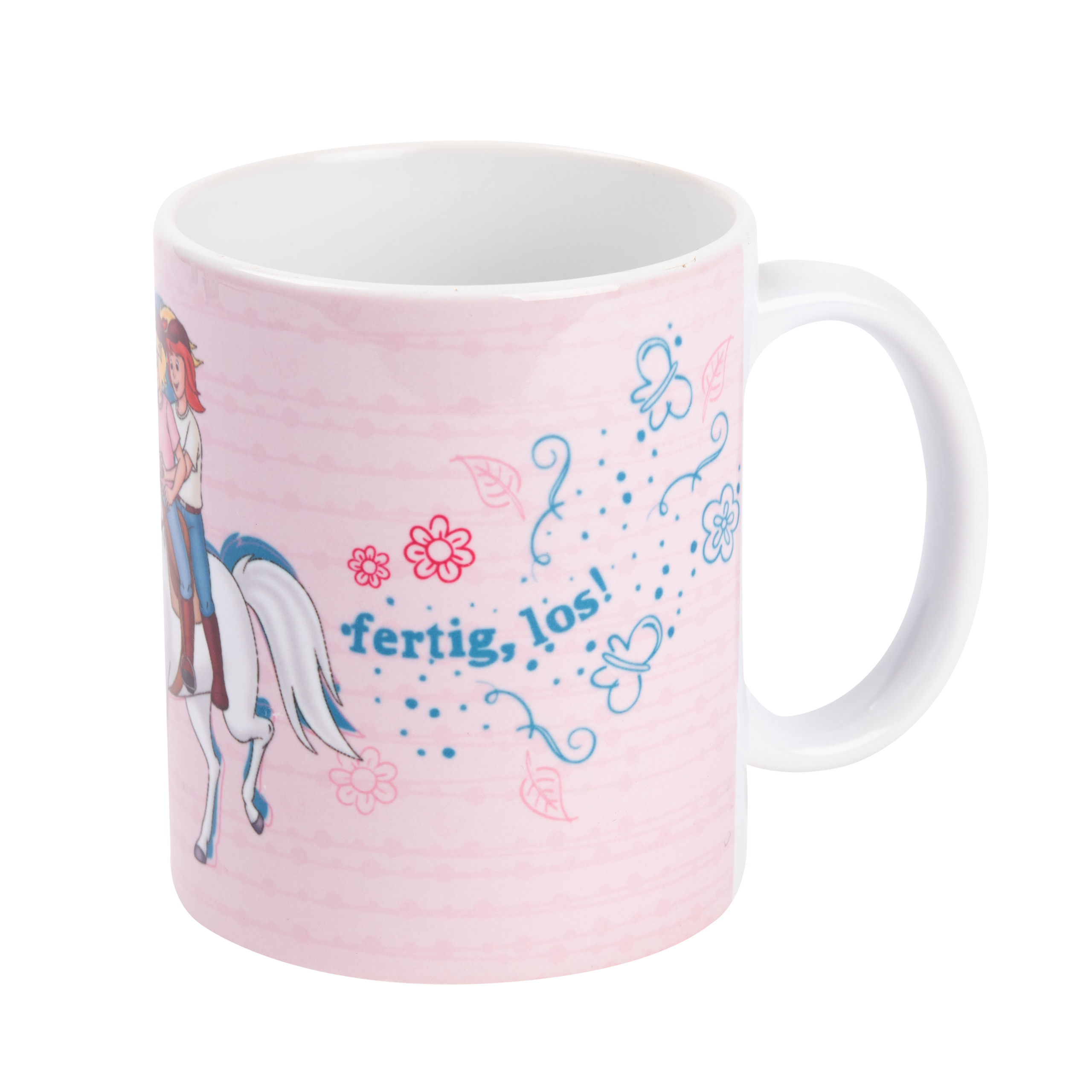 Eine rosa Tasse mit einem Pferd- und Reiter-Design und den Worten 'fertig, los!'