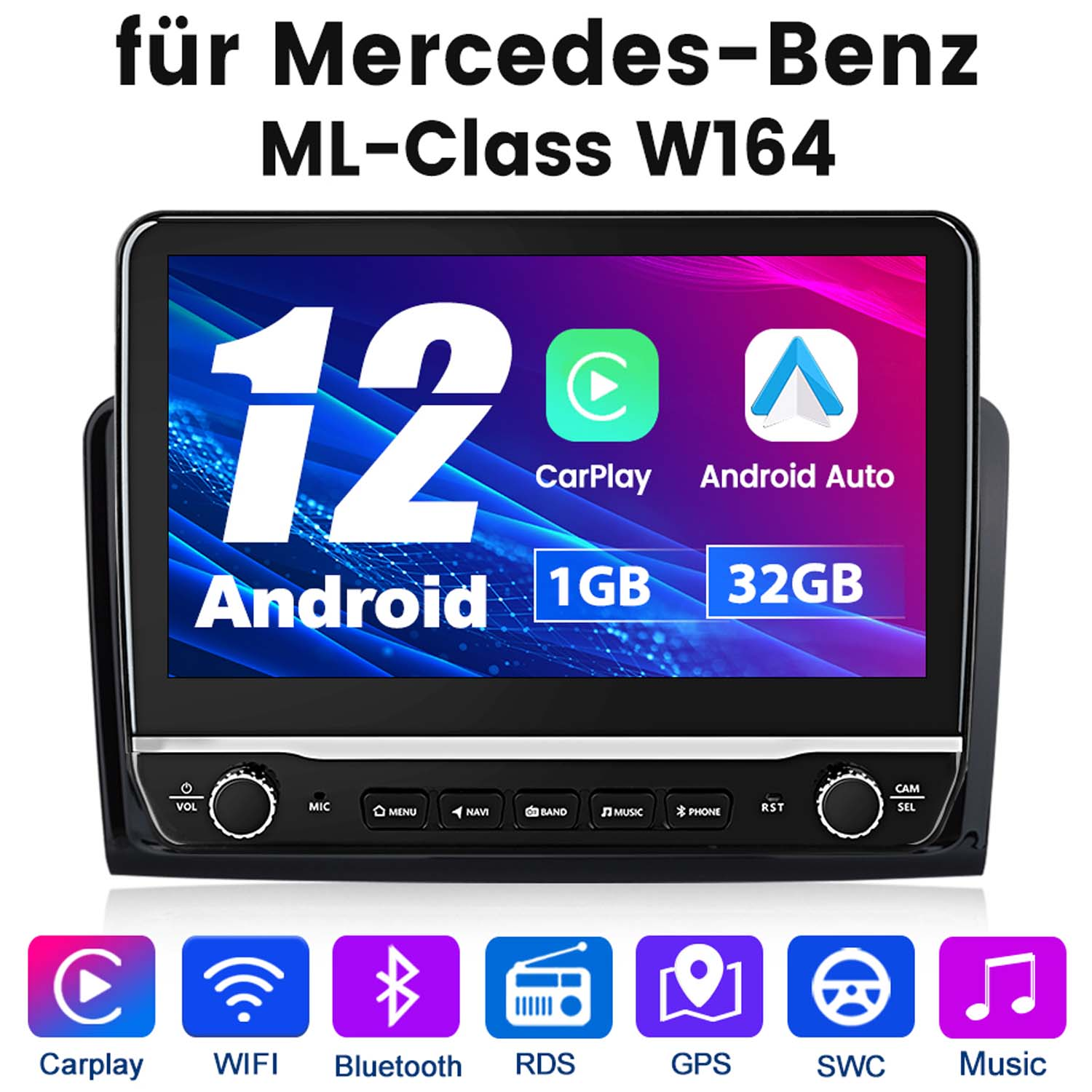 Ein Auto-Dashboard-Bildschirm mit Android-Oberfläche und Symbolen.