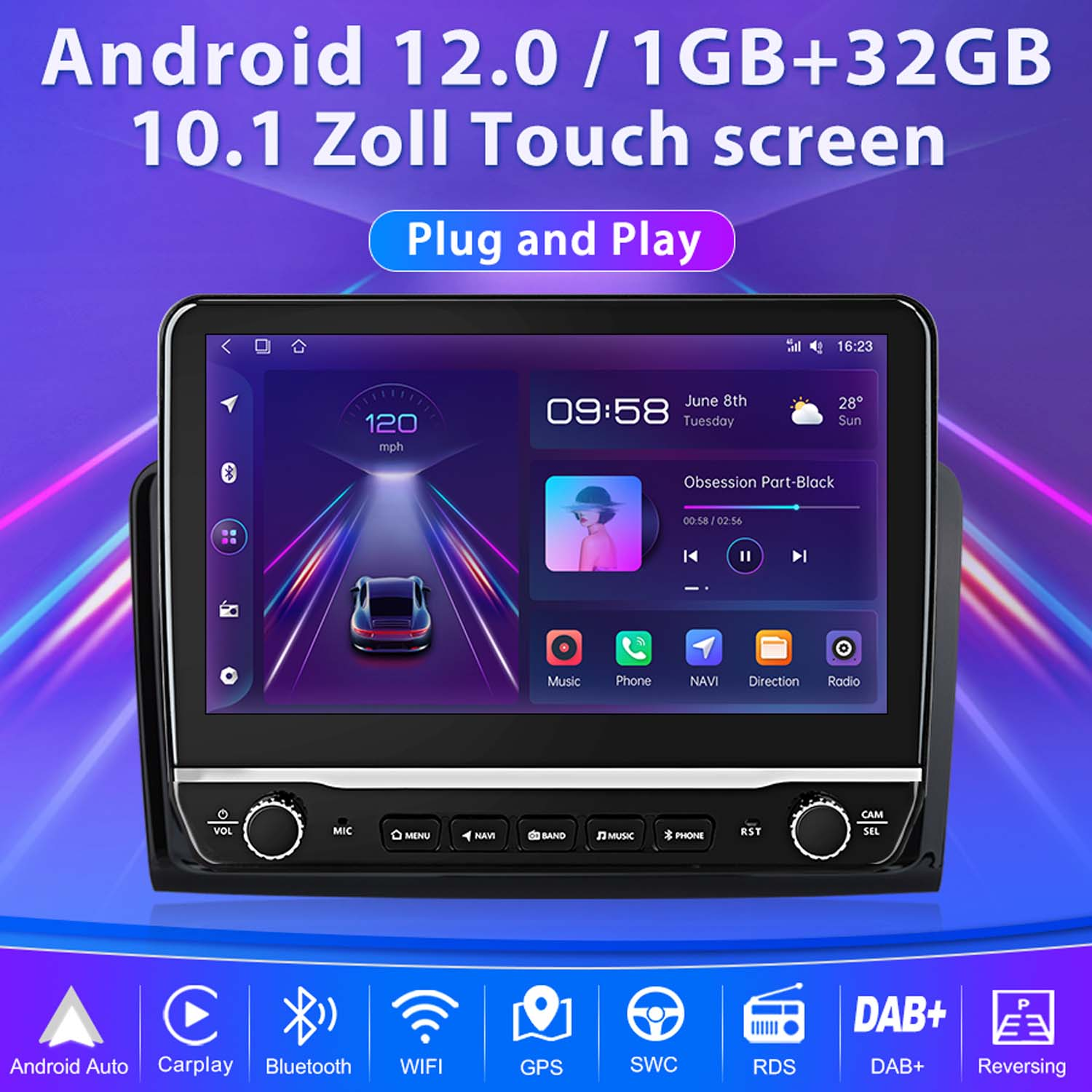 Bildschirm des Car-Multimedia-Systems, der die Benutzeroberfläche mit Uhrzeit, Geschwindigkeit und Musiksteuerung zeigt. Plug and Play.