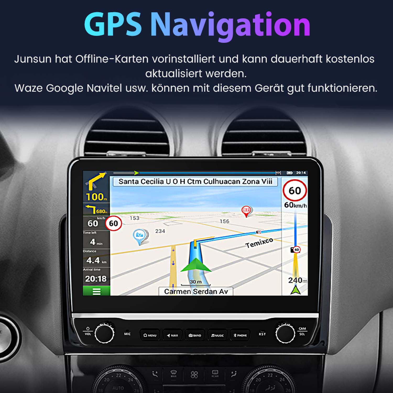 GPS-Navigationsbildschirm in einem Autoinnenraum. Zeigt Karte, Geschwindigkeit und Richtungen an.
