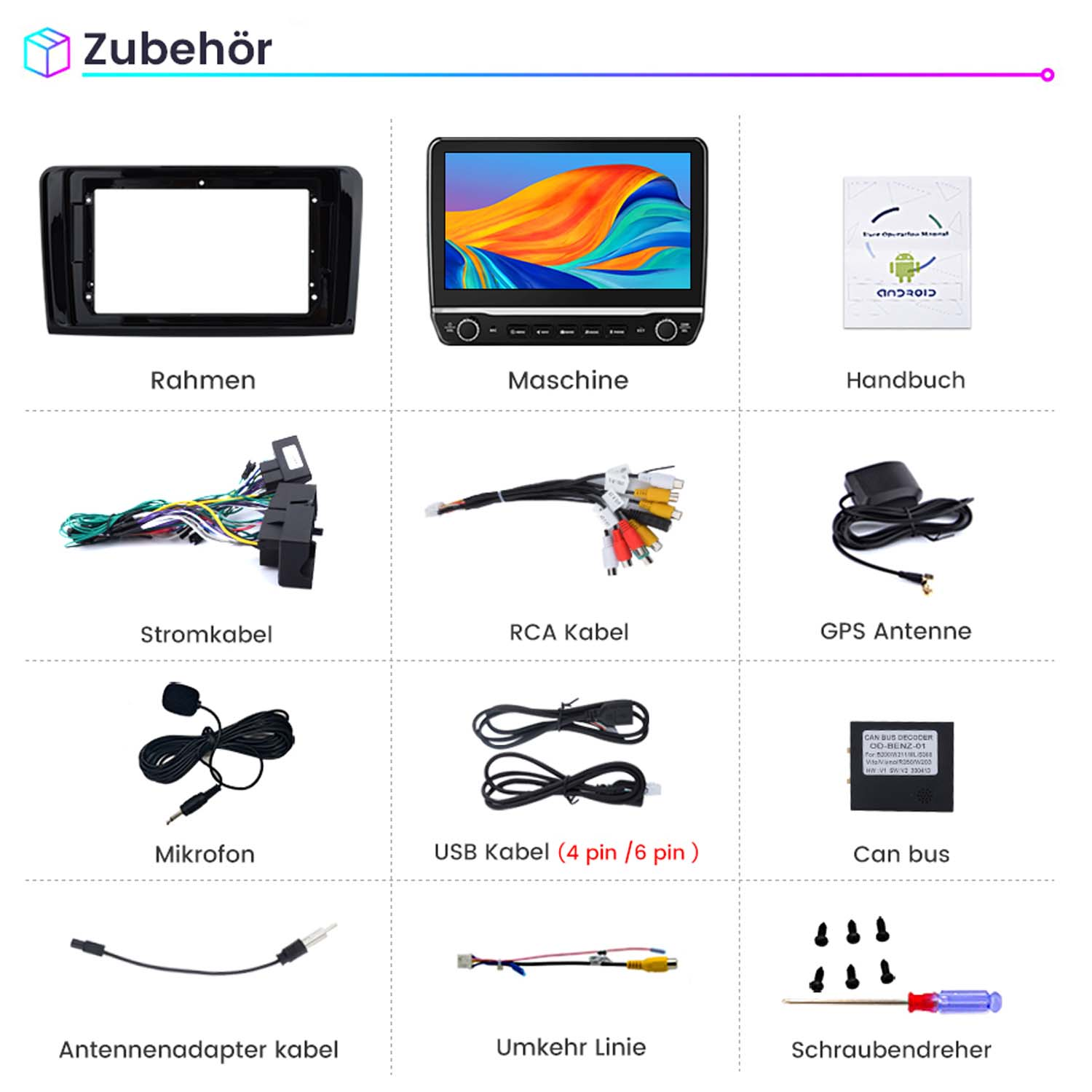 Car-Multimedia-System-Zubehör auf einer weißen Oberfläche. Verschiedene Kabel und Komponenten.