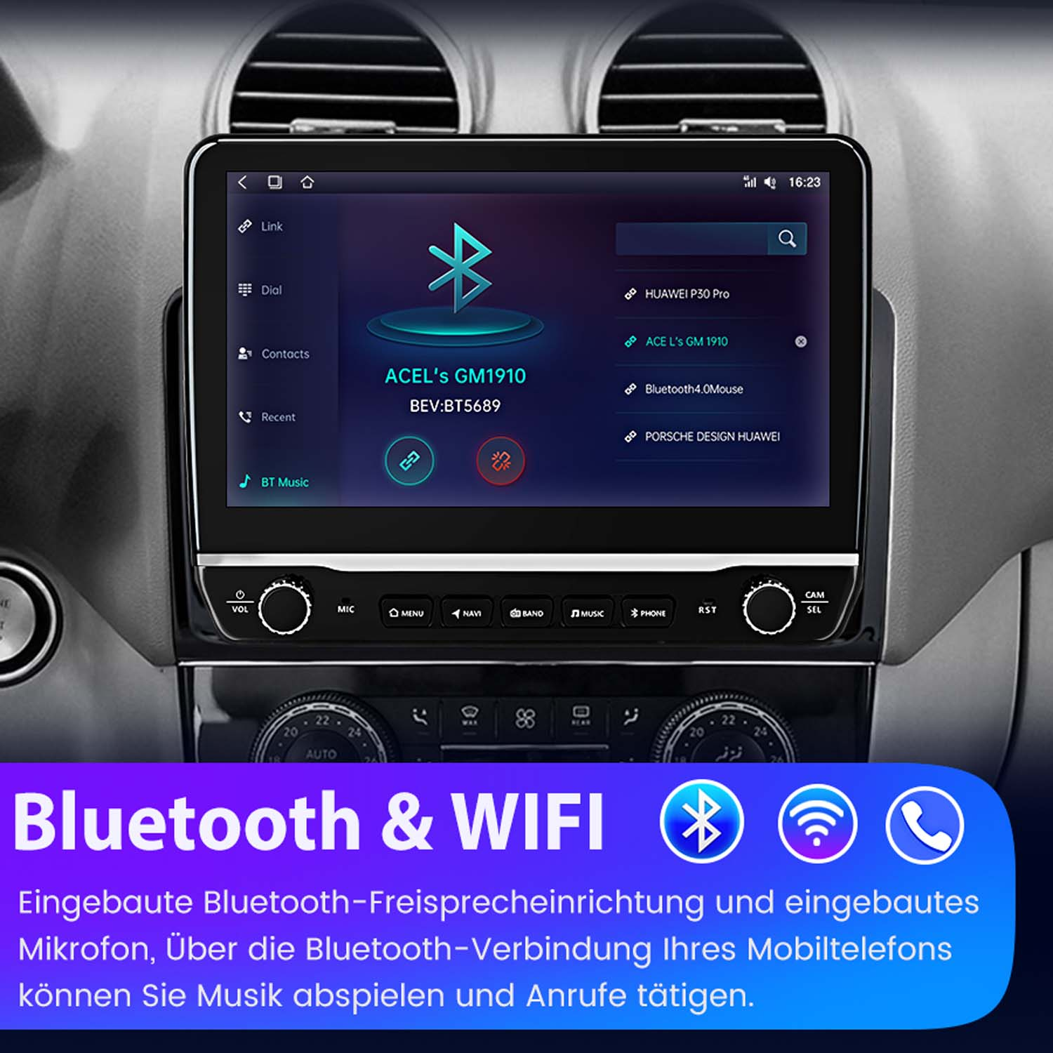 Auto-Display-Bildschirm mit Bluetooth- und WLAN-Verbindungsoptionen und anderen Geräteoptionen.