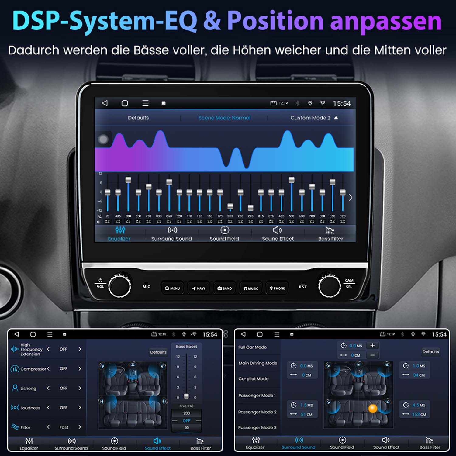 Bildschirm des Auto-Audiosystems mit Audio-Einstellungen. Es gibt mehrere Optionen.