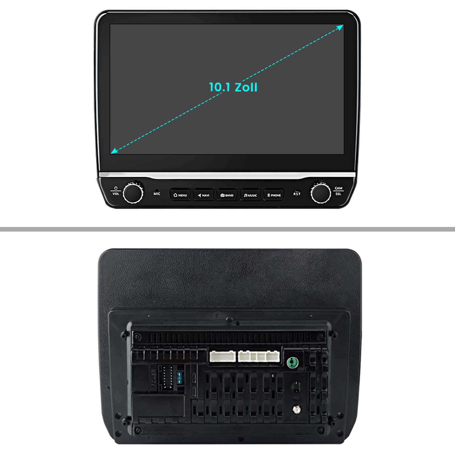 Autoradio mit Touchscreen und Knöpfen, mit Draufsicht und Unteransicht.