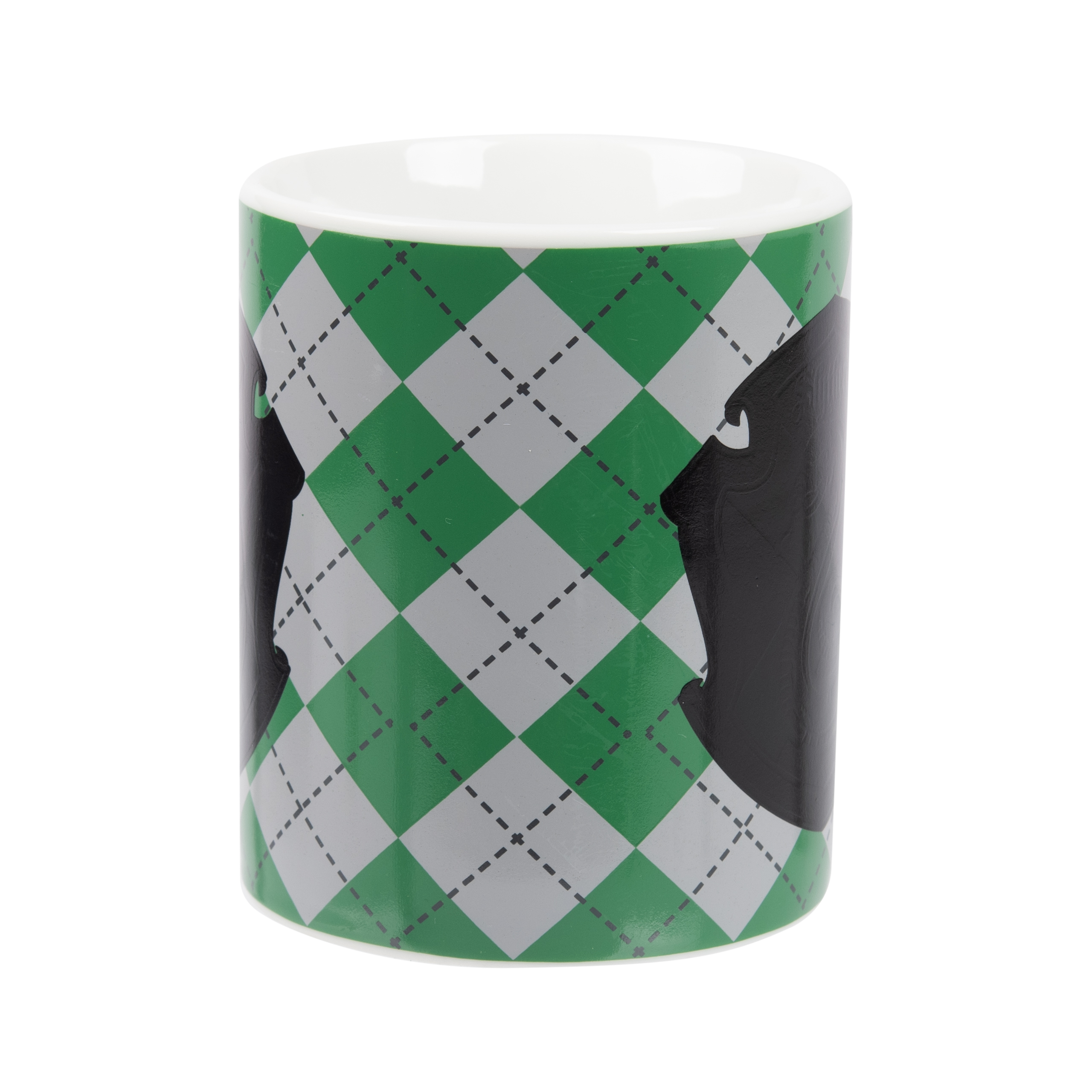 Tasse mit grün-grauem Rautenmuster und schwarzer Silhouette.