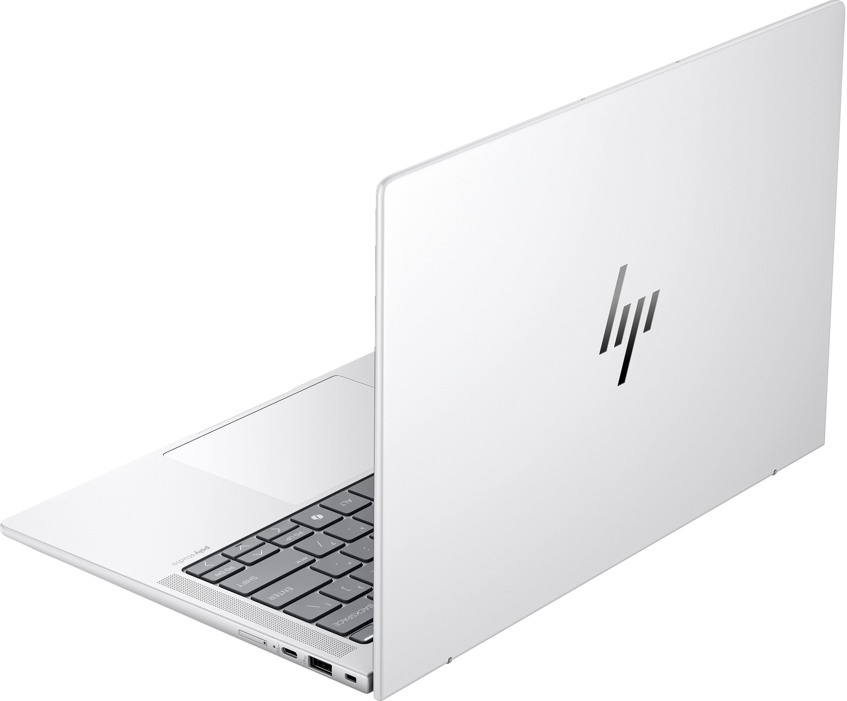 Laptop bianco, logo HP sul coperchio, tastiera visibile. Vista angolata.
