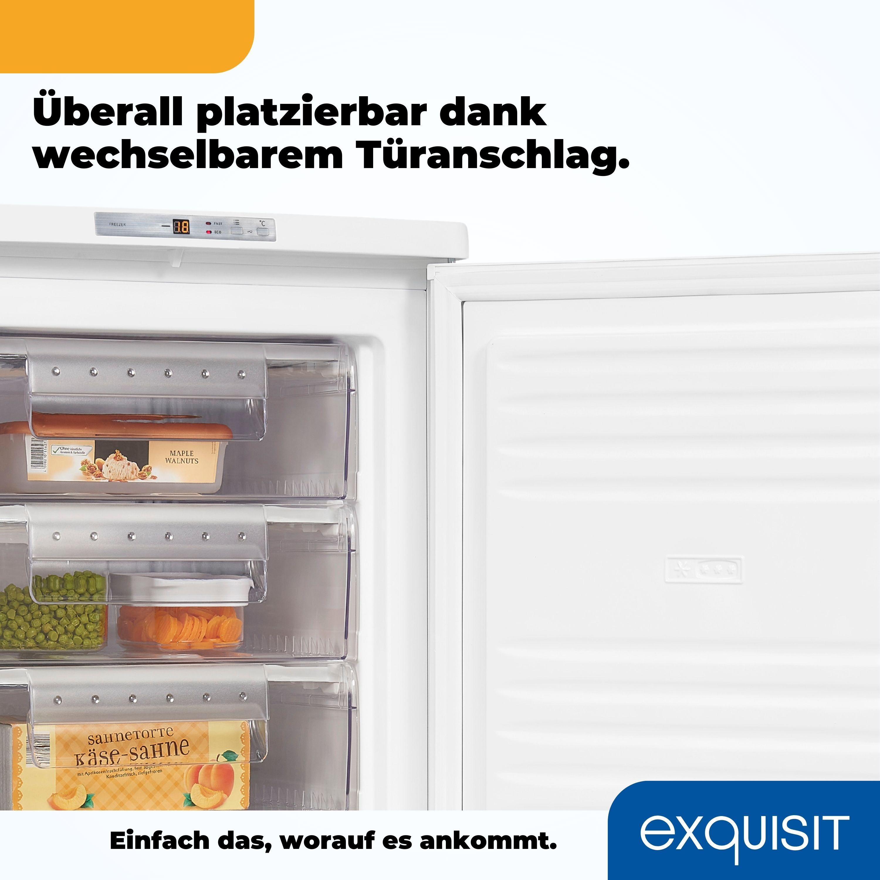 Interior de refrigerador, puerta abierta. Varios alimentos en cajones transparentes. Blanco, texto.