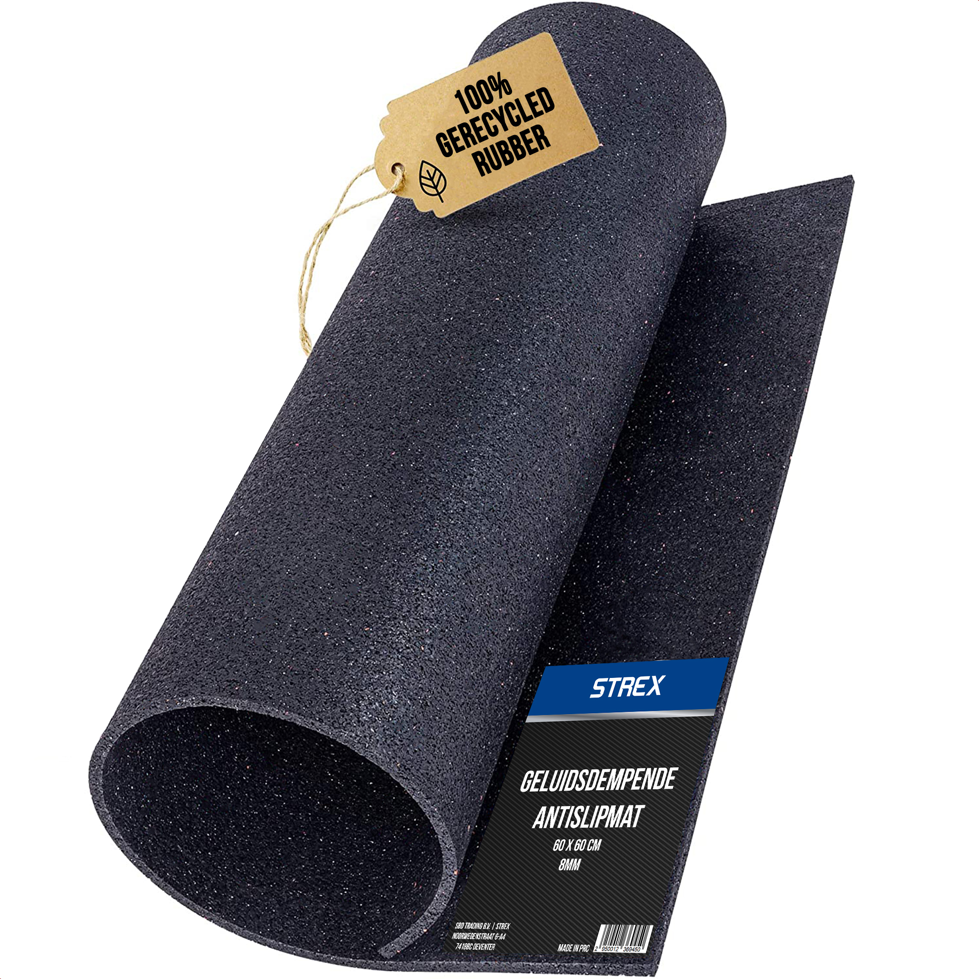 Tapis en caoutchouc gris foncé enroulé avec étiquette '100% caoutchouc recyclé'.