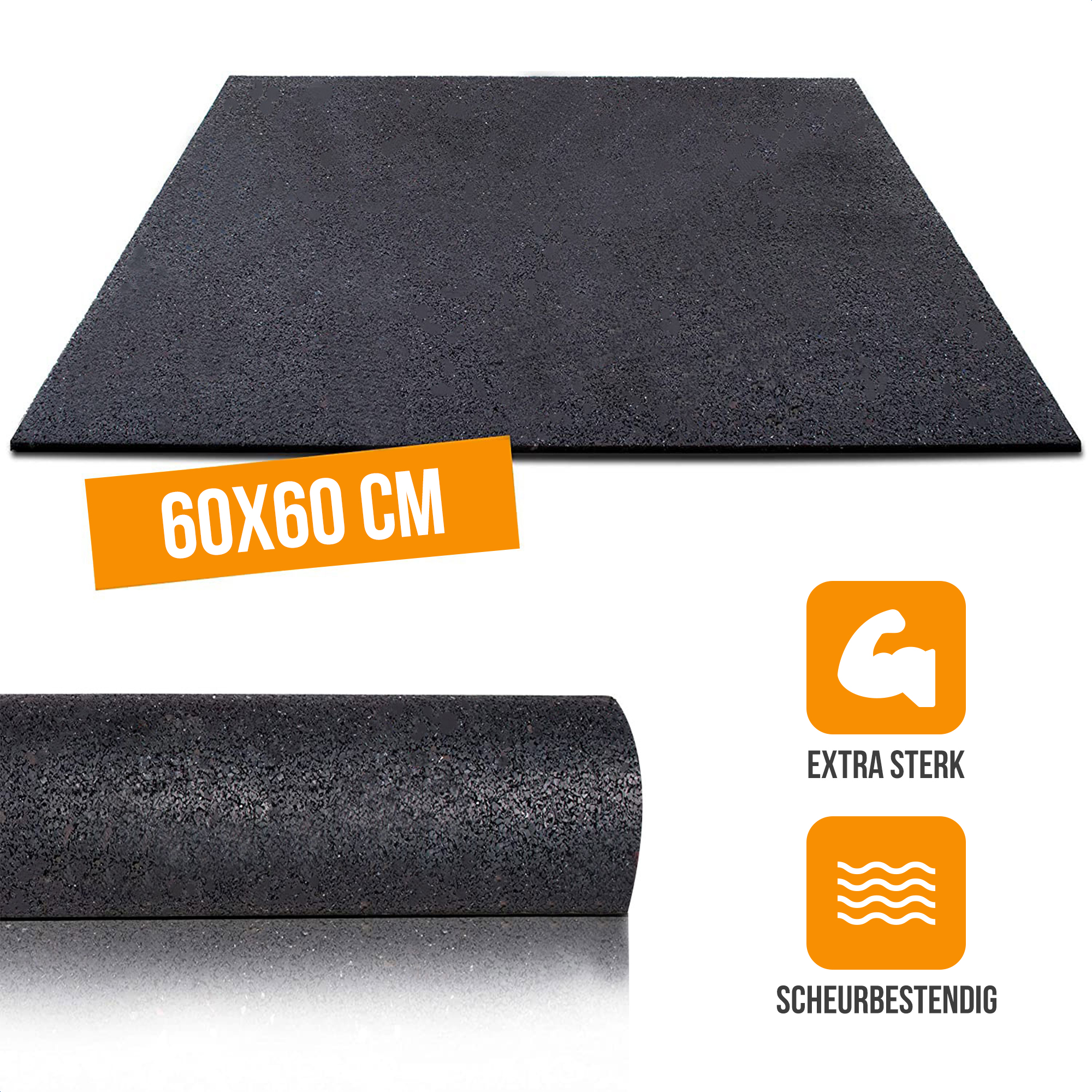 Tapis en caoutchouc noir. Une section enroulée à côté. Texte orange : 60x60 cm. Extra fort, résistant aux déchirures.