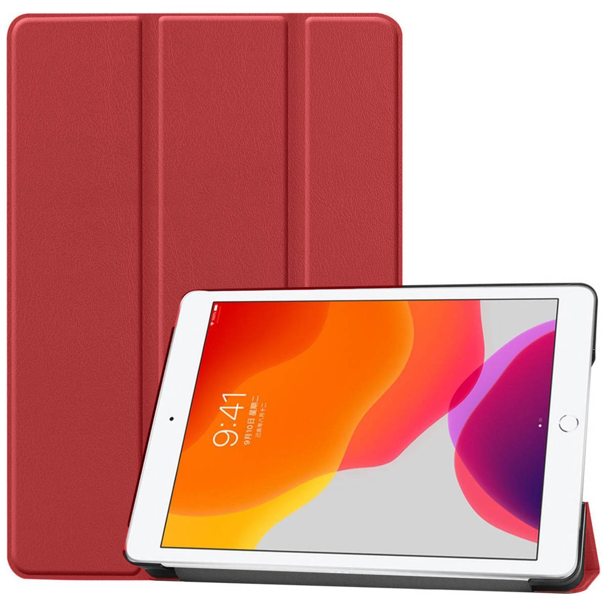 Red tablet in a red case, standing, with the screen showing.
