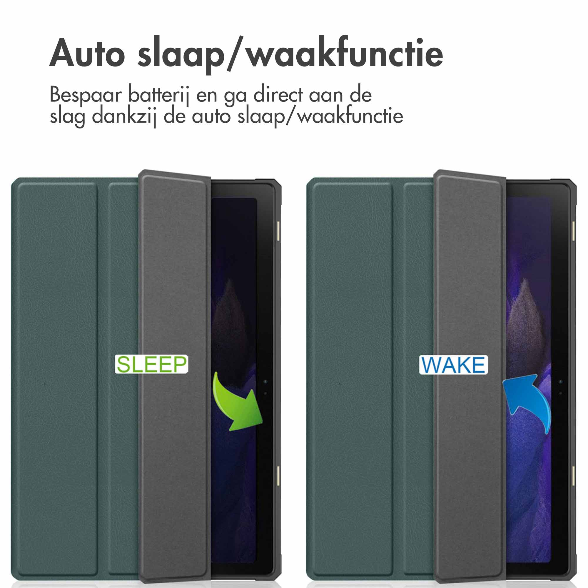Twee tablethoezen, groen en grijs, met sleep- en wake-functies.