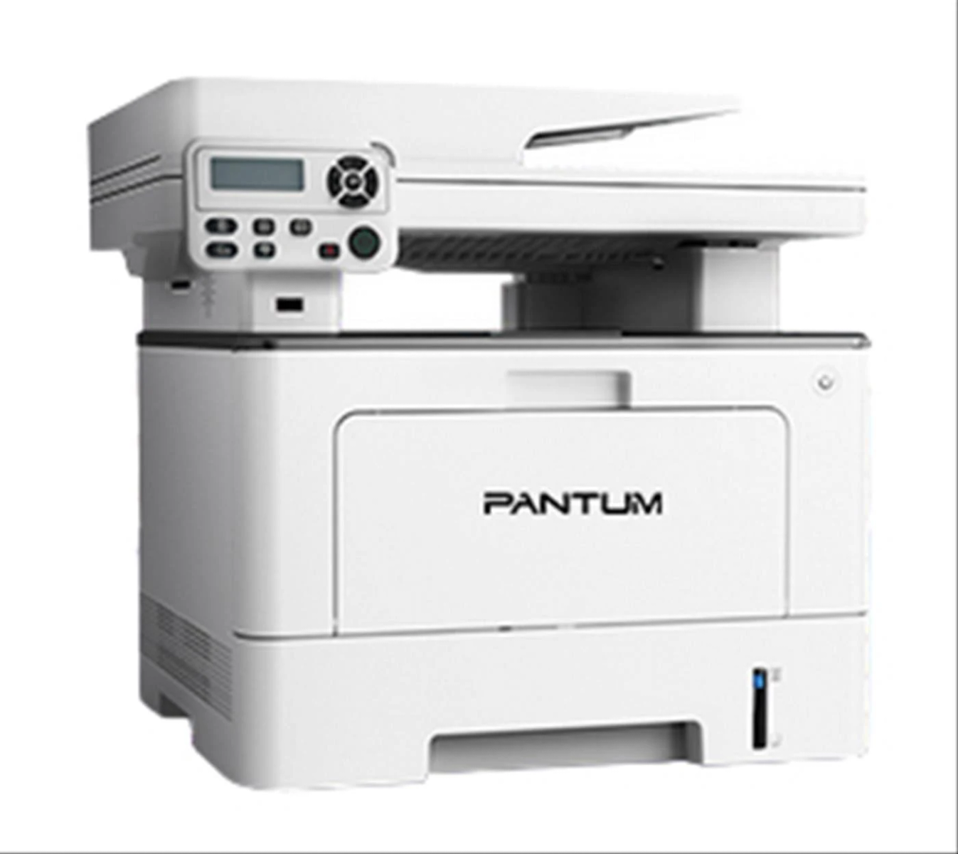 Biała drukarka z marką 'PANTUM'. Posiada wyświetlacz cyfrowy i różne przyciski. Scena jest w bieli.