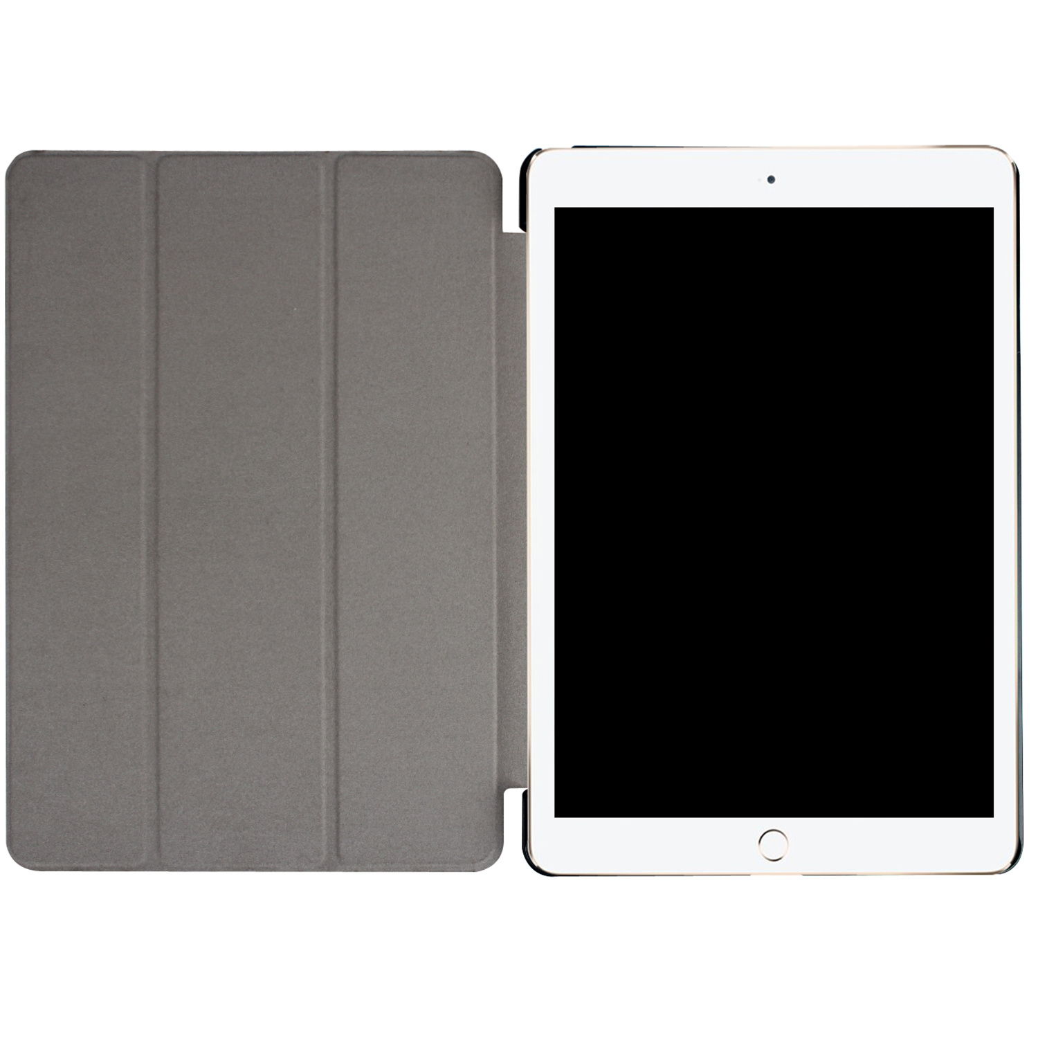 Tablet with a white screen, in an open gray case. The case is open.