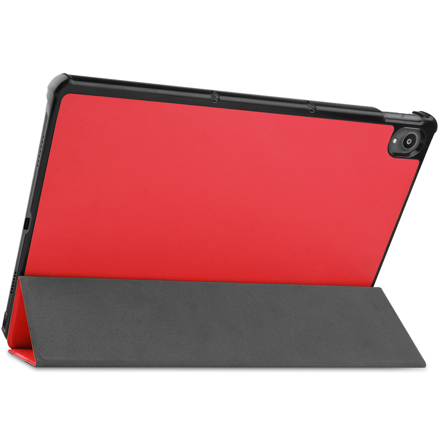 Tablethoes met standaard. Rode achterkant, grijze standaard. Zwart frame.