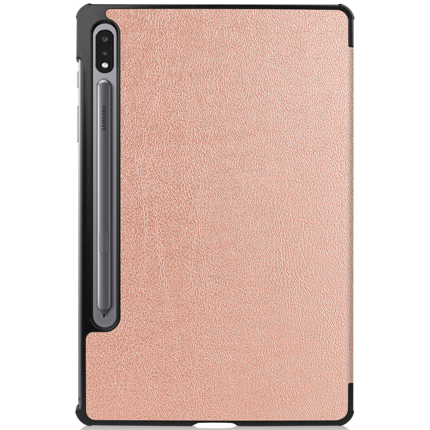 Étui de tablette avec une texture or rose. Cadre noir, fente pour stylo avec stylo.