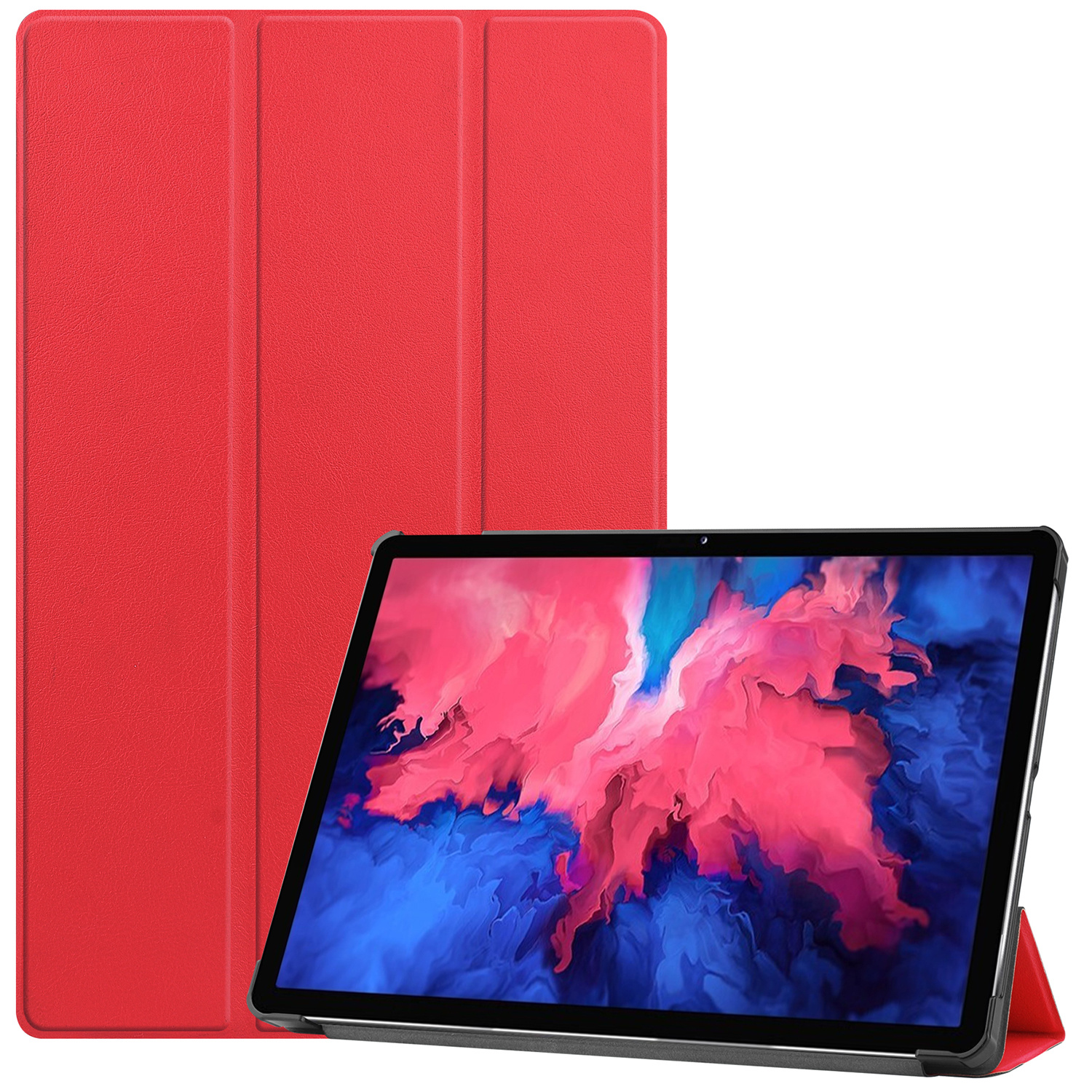 Rode tablethoes open met een tablet met kleurrijke kunst.
