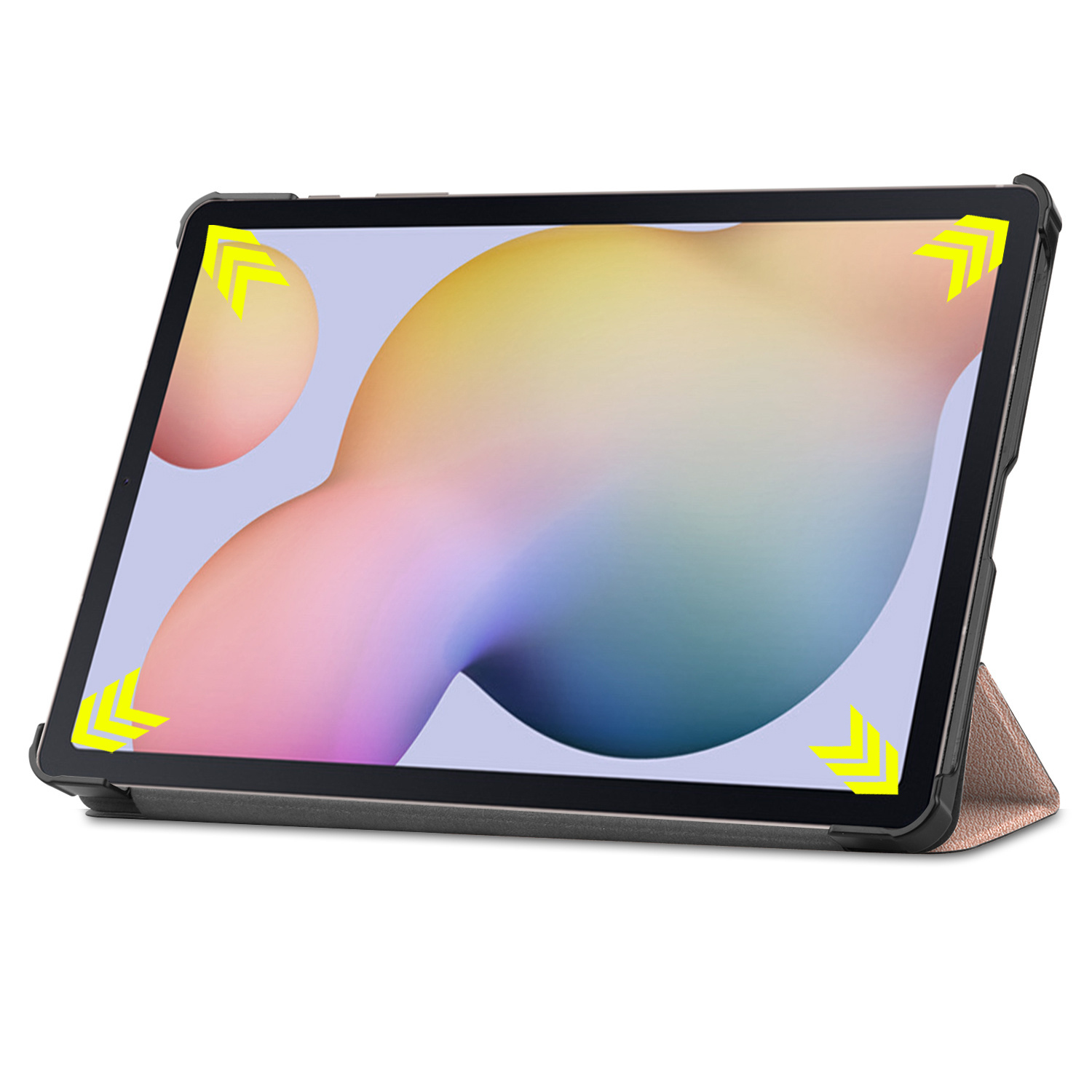 Tablette avec étui de protection noir ouverte et inclinée, montrant l'écran avec un arrière-plan coloré.