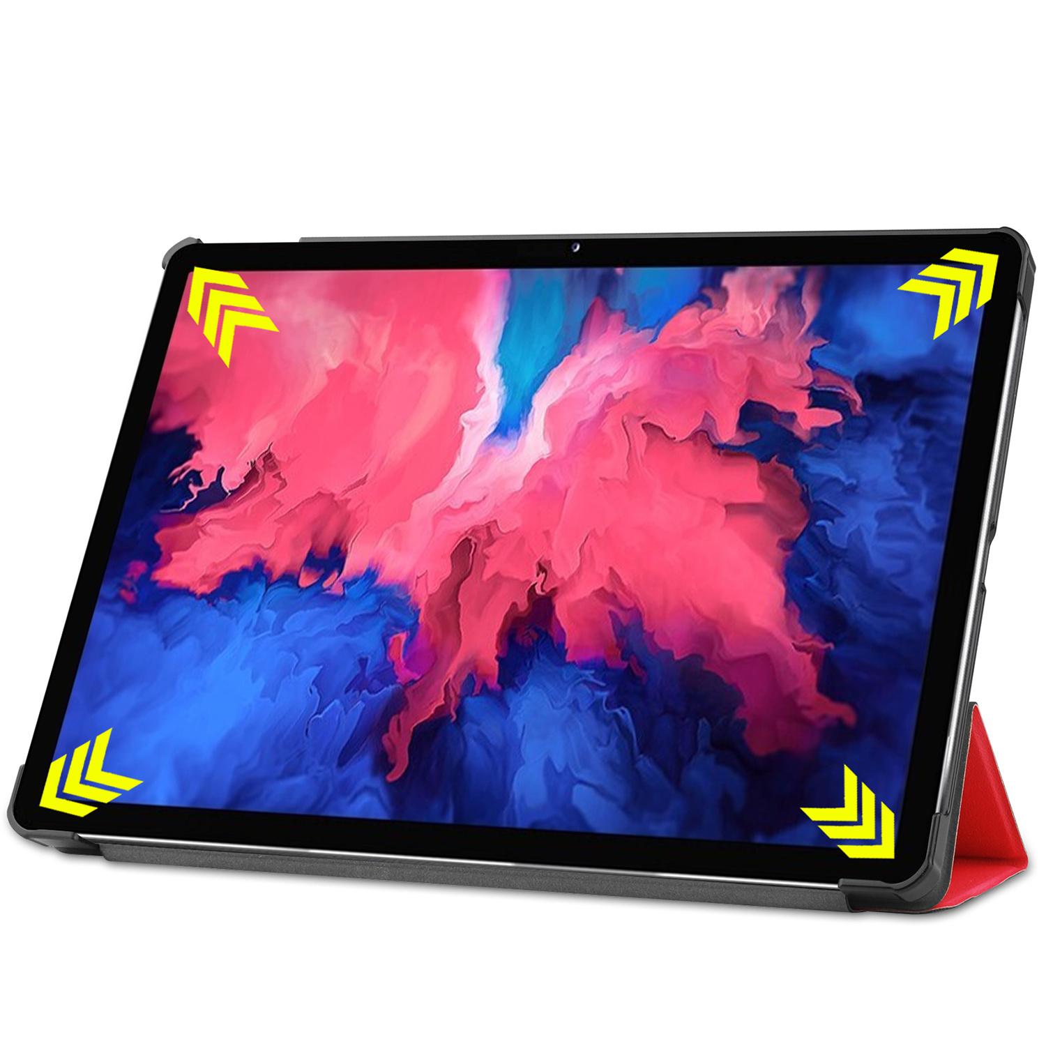 Tablet met zwarte hoes, open en schuin, kleurrijk scherm. Gele pijlen geven de randen aan.