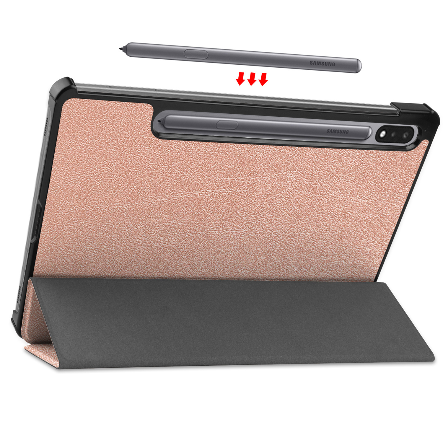 Tablette avec étui ouvert. Étui or rose, stylet au-dessus. Cadre noir.