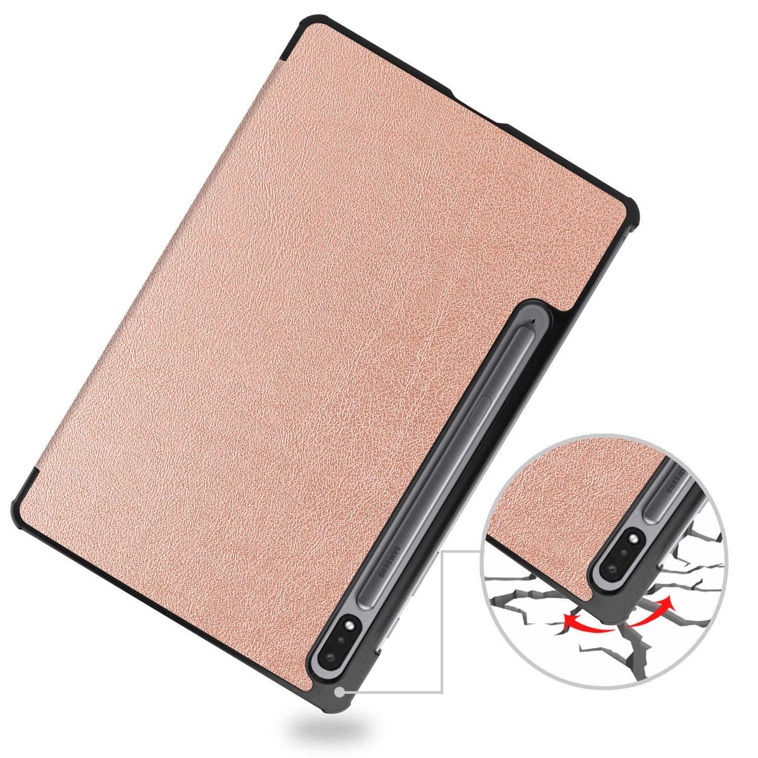 Étui pour tablette avec texture cuir or rose. Cadre noir. Un stylet est inséré. Petit graphique de sol fissuré.