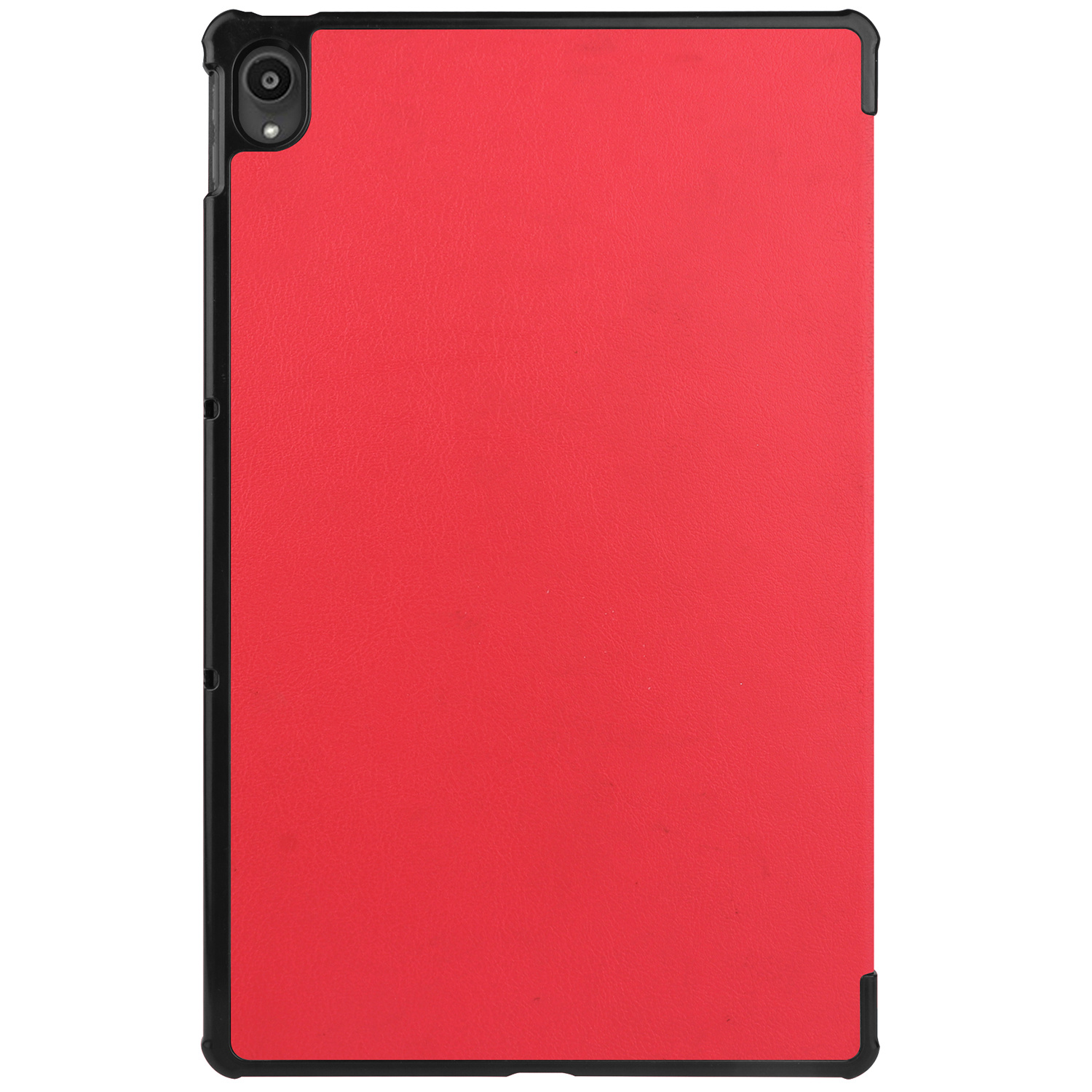 Tablet met een rood scherm en zwart frame. Zwart frame rond de tablet.